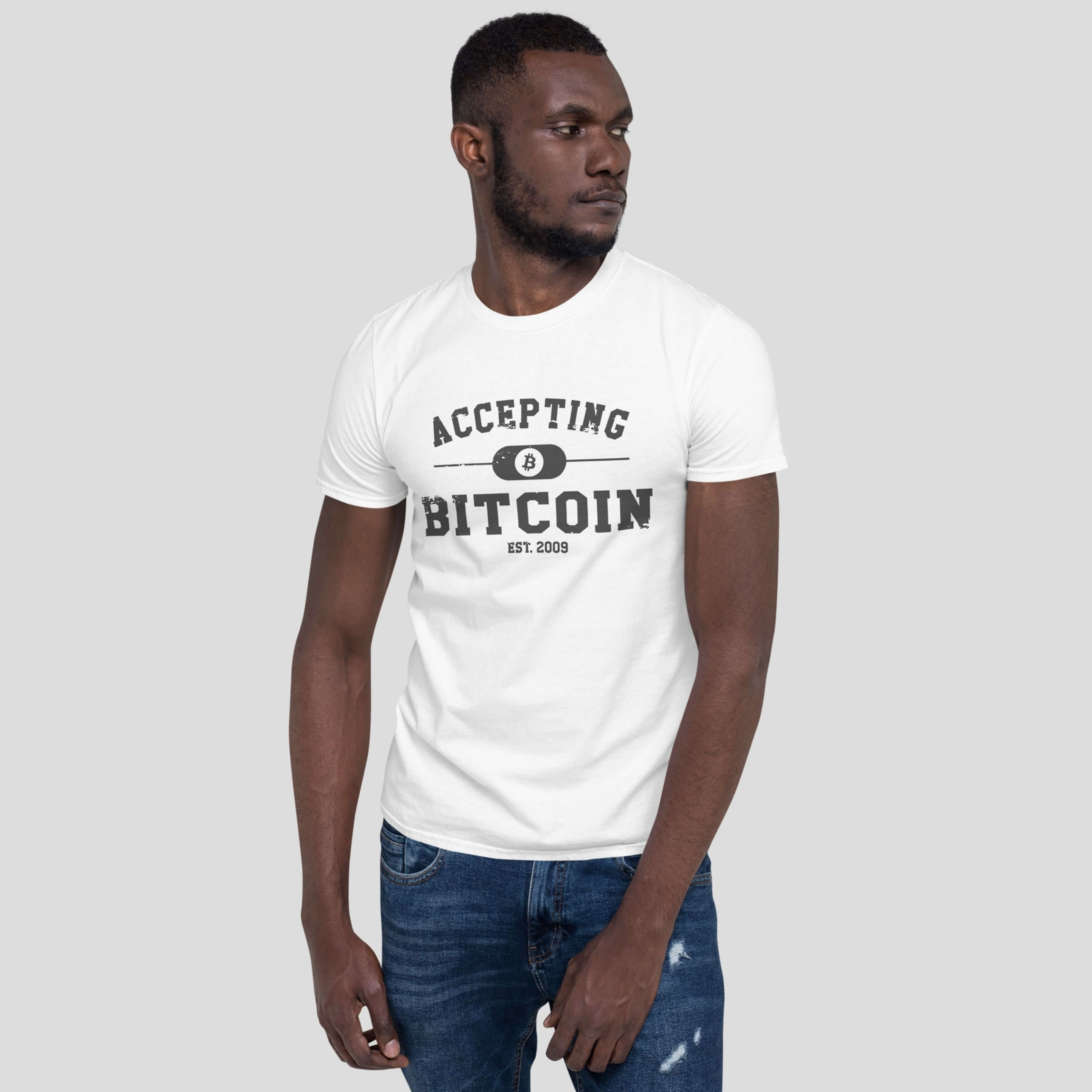 Model wearing accepting bitcoin crypto payment white t-shirt