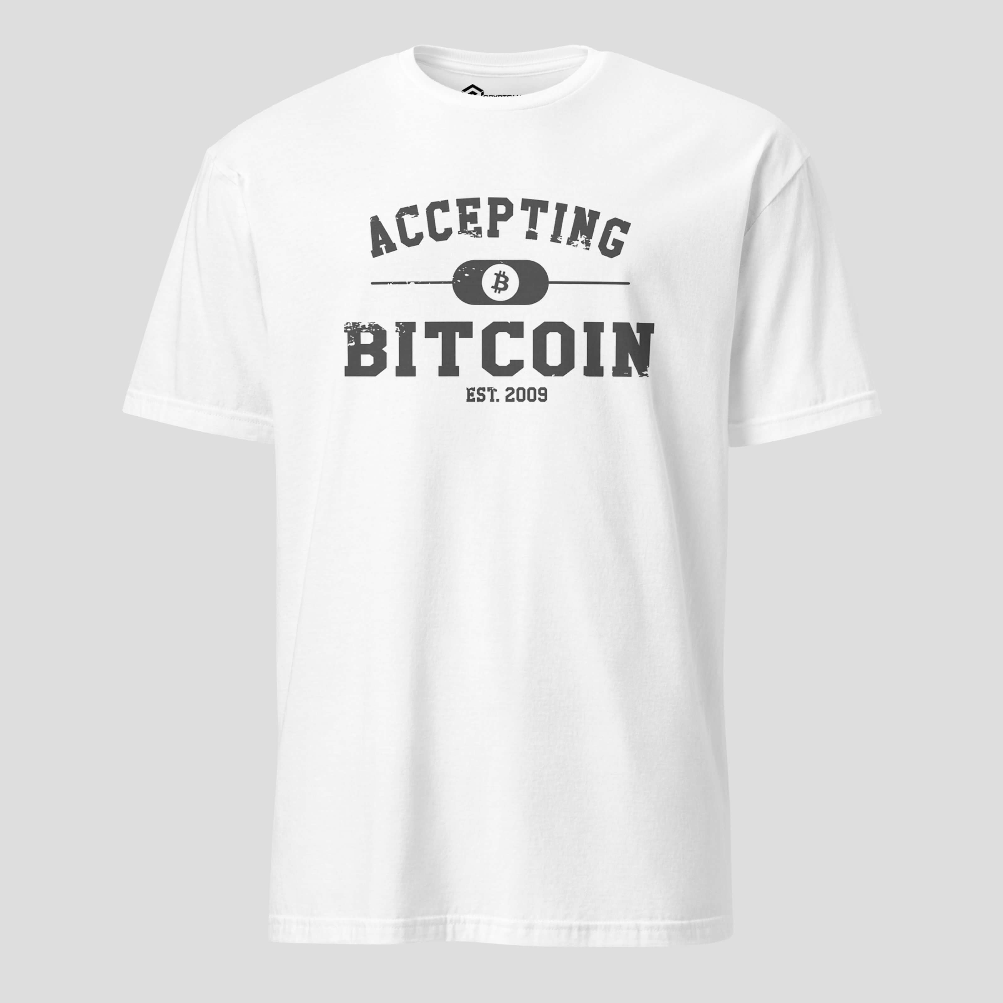 White Accepting Bitcoin t-shirt with clean crypto payment statement design