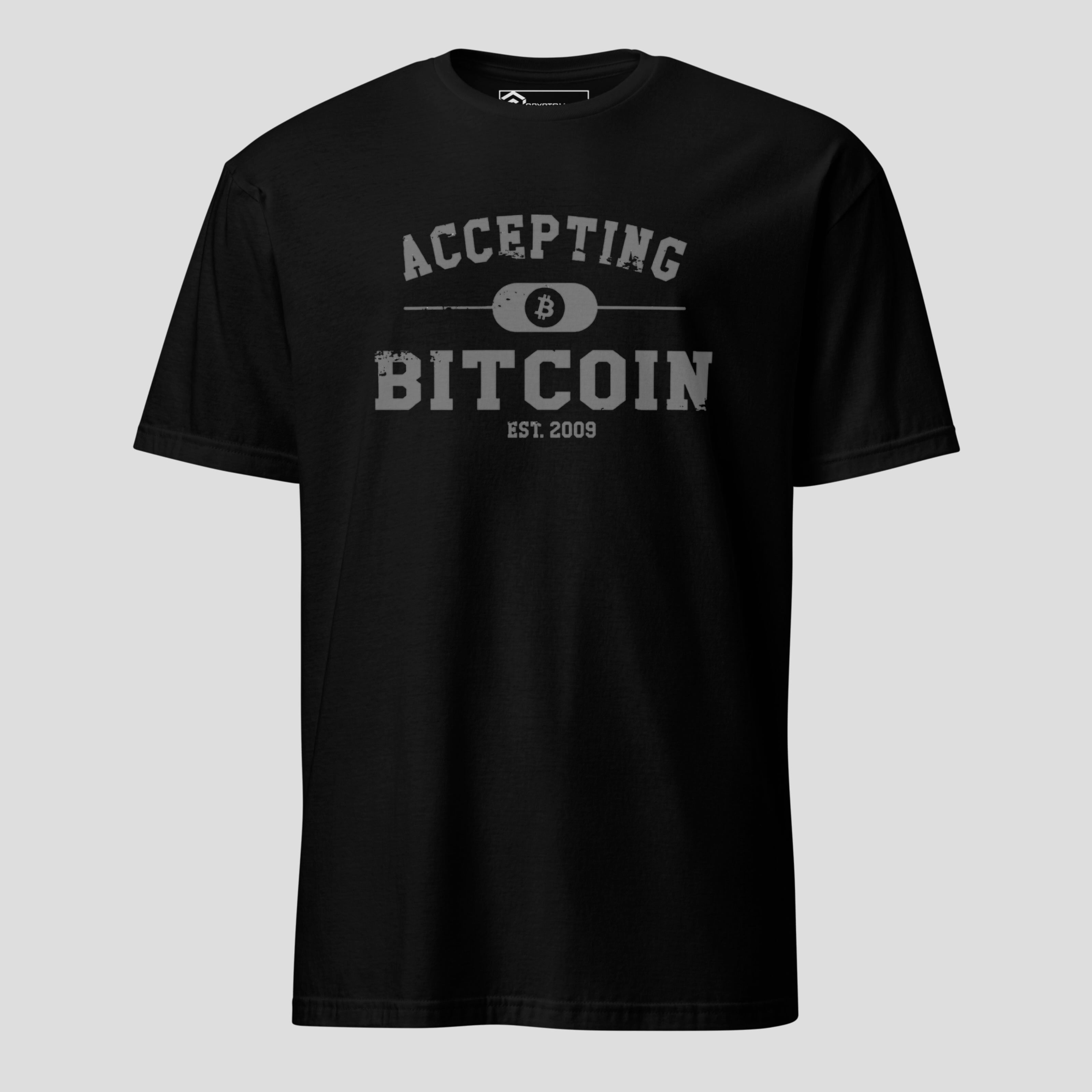 Black accepting bitcoin t-shirt with minimalist crypto typography