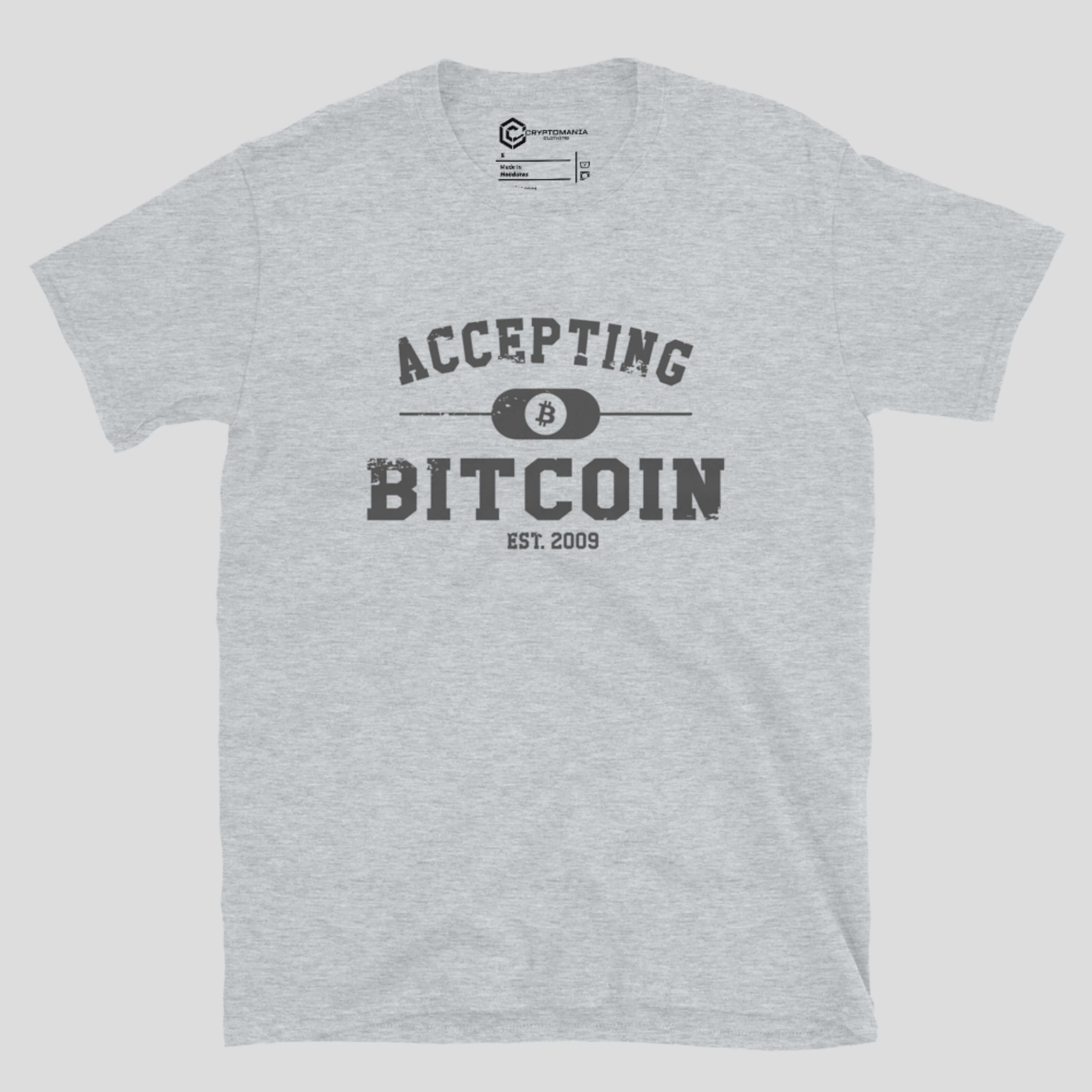 Grey accepting bitcoin t-shirt showing crypto payment message