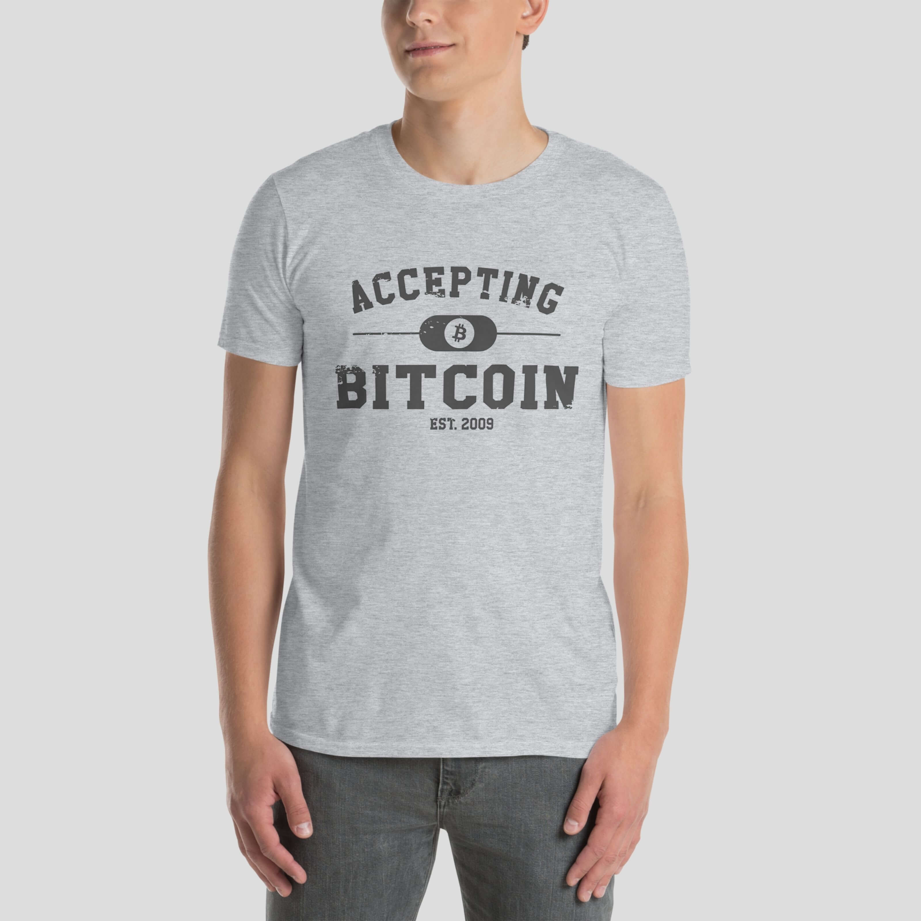 Grey accepting bitcoin t-shirt worn by model front view