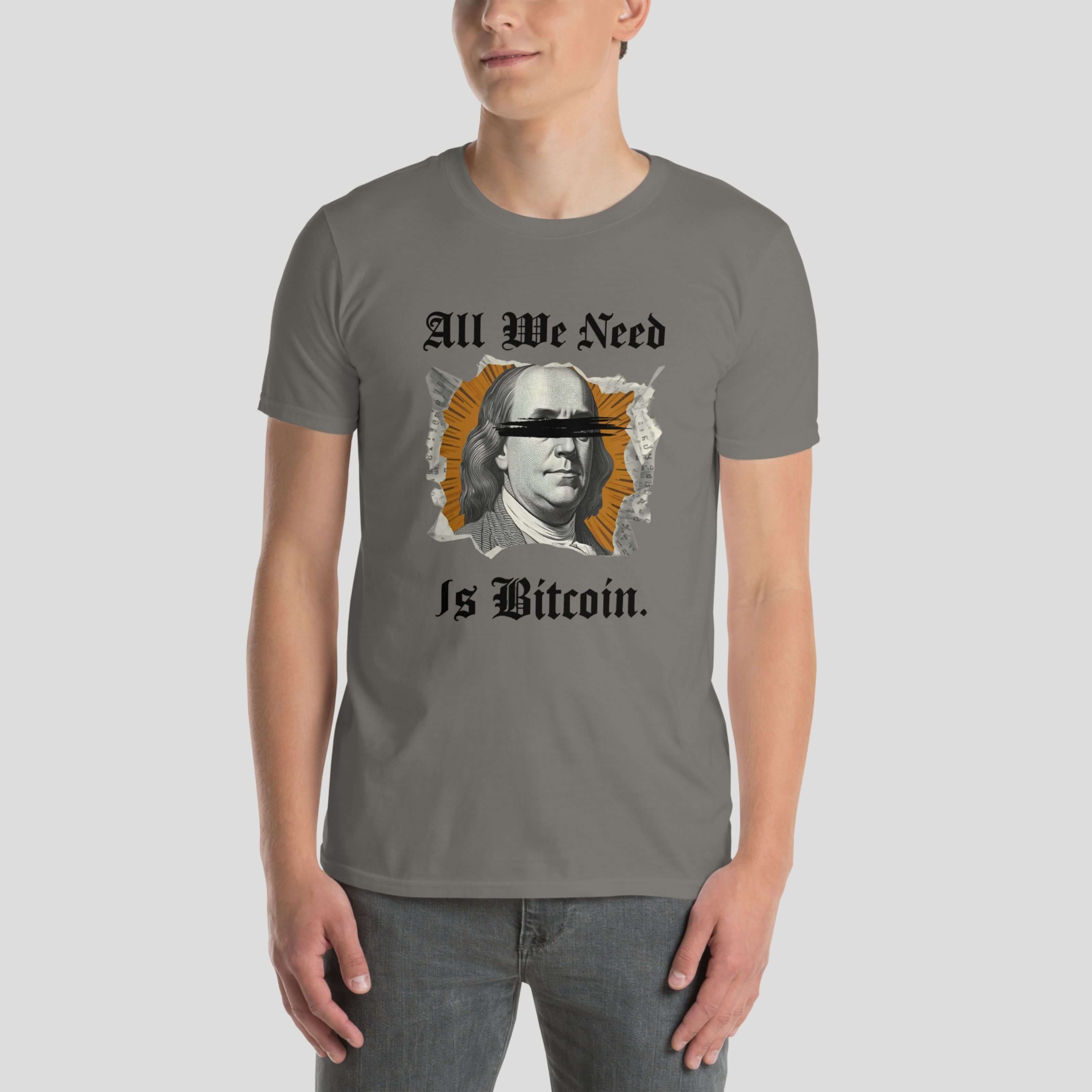 Model wearing Bitcoin statement t-shirt with bold crypto quote design