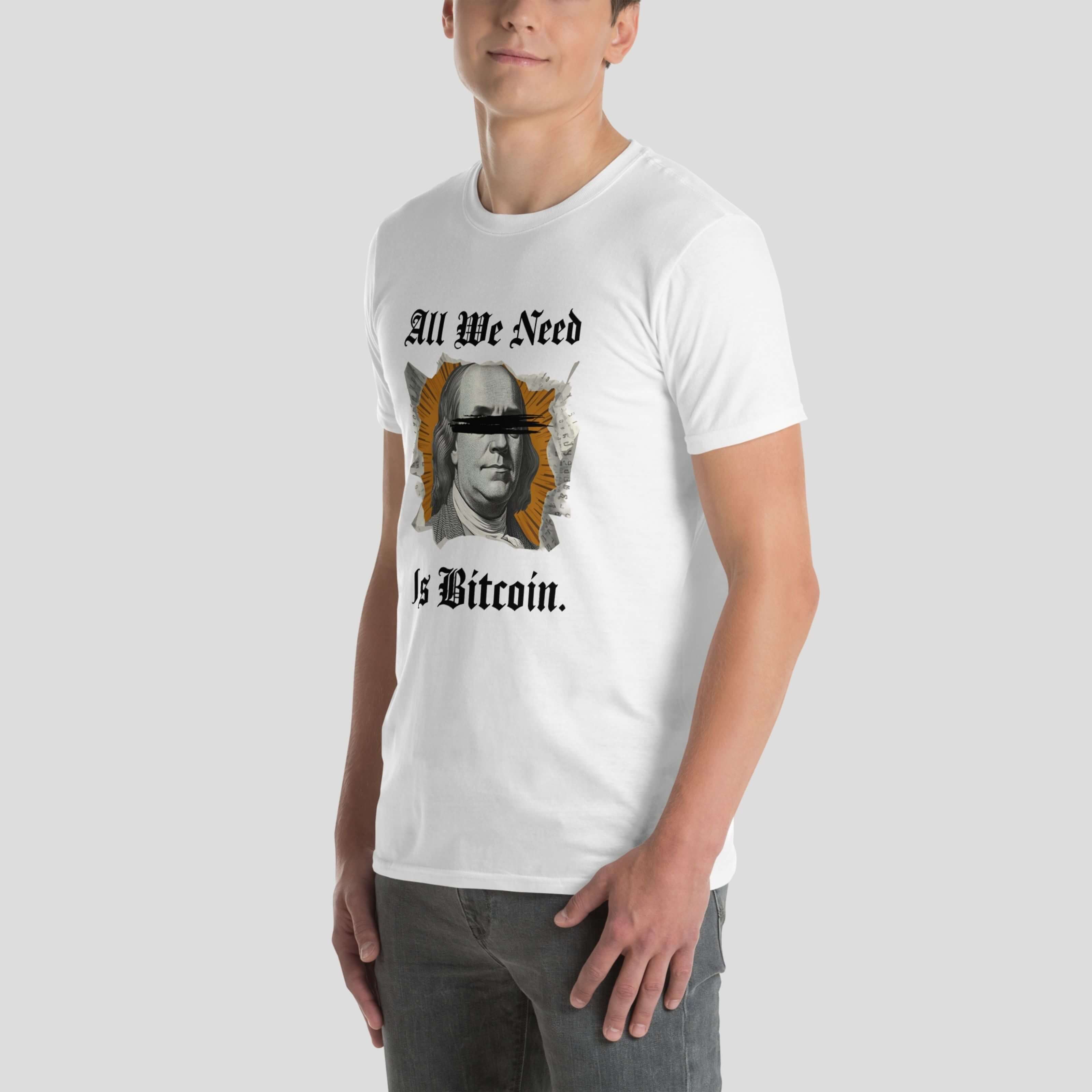Side view of unisex Bitcoin t-shirt showing crypto culture quote design