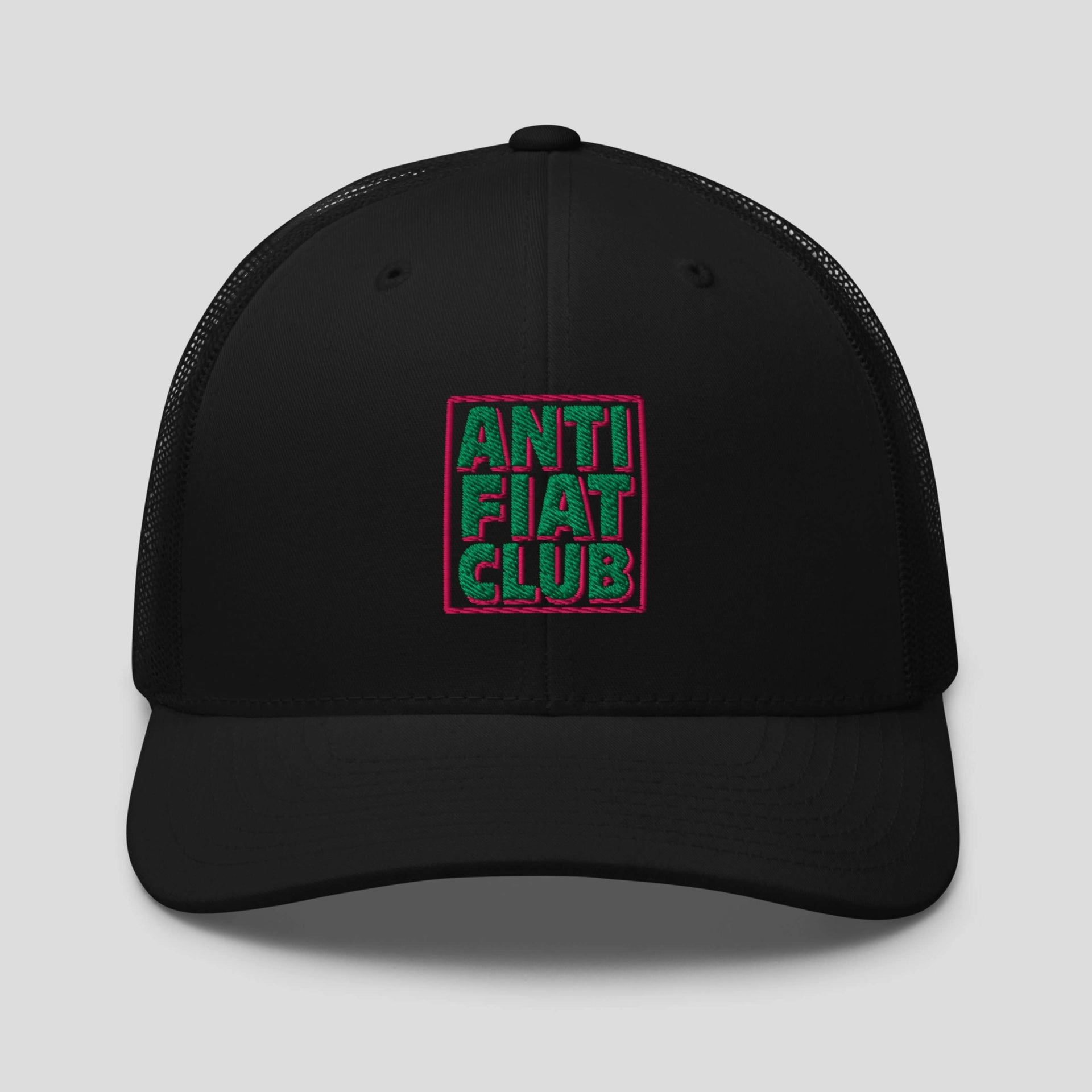Black trucker cap with embroidered Anti Fiat Club design for crypto streetwear fans