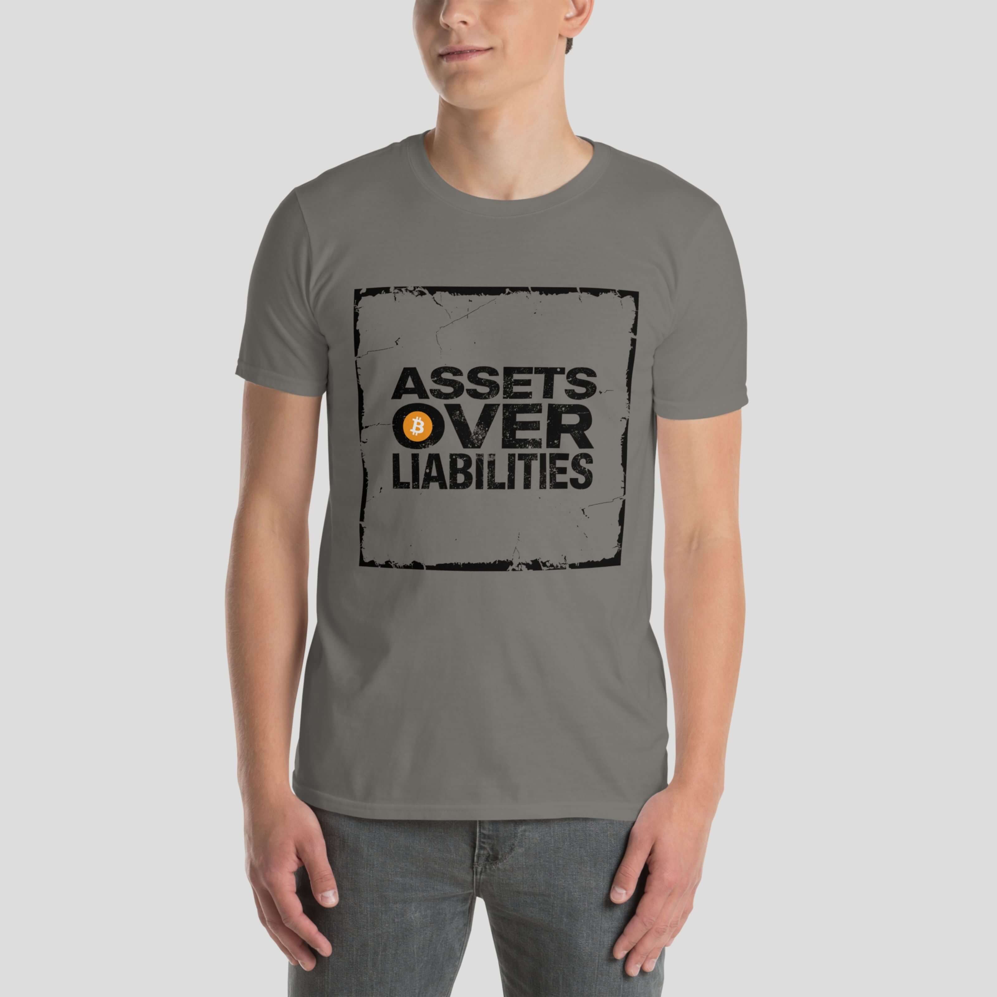 Crypto finance slogan shirt assets over liabilities worn by a male model