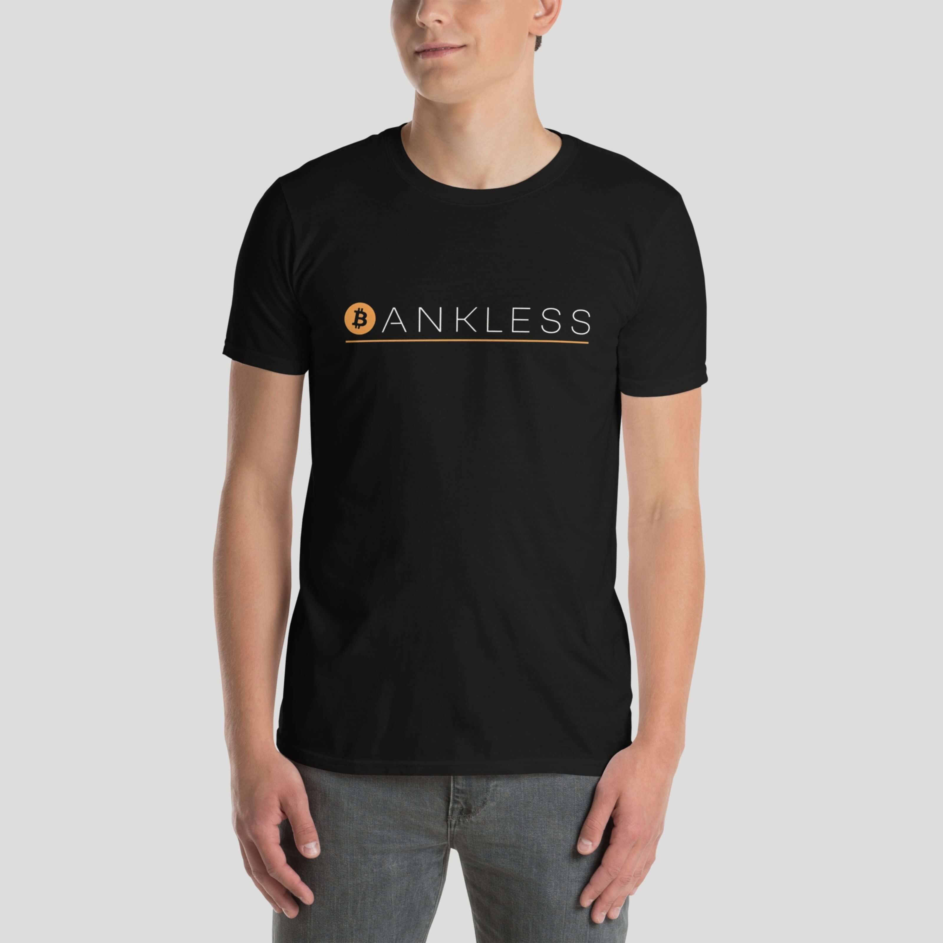 Model on a bankless bitcoin philosophy tshirt for blockchain fans