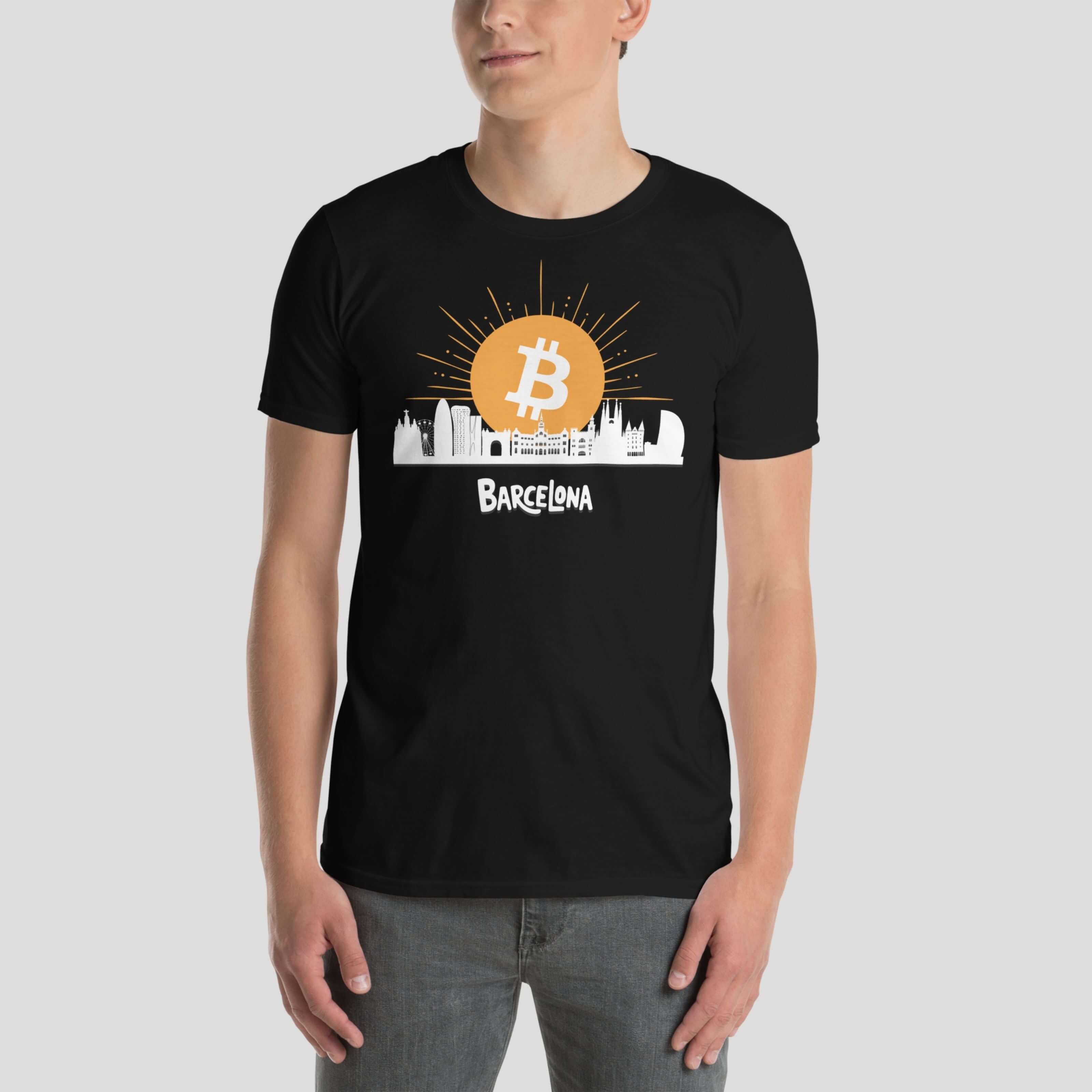 Model wearing black Barcelona Bitcoin skyline crypto t-shirt streetwear style