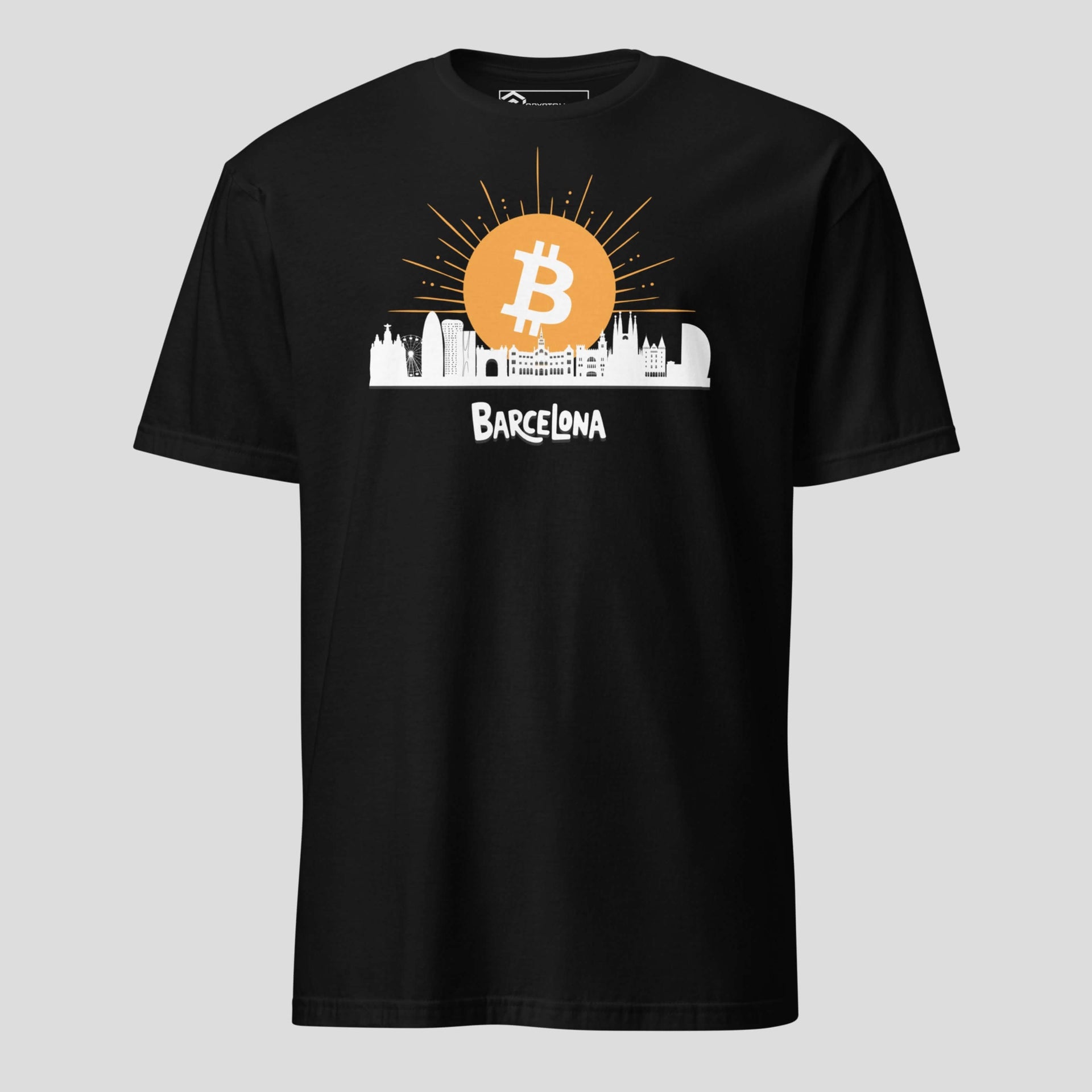 Barcelona Bitcoin skyline design on black crypto t-shirt front view