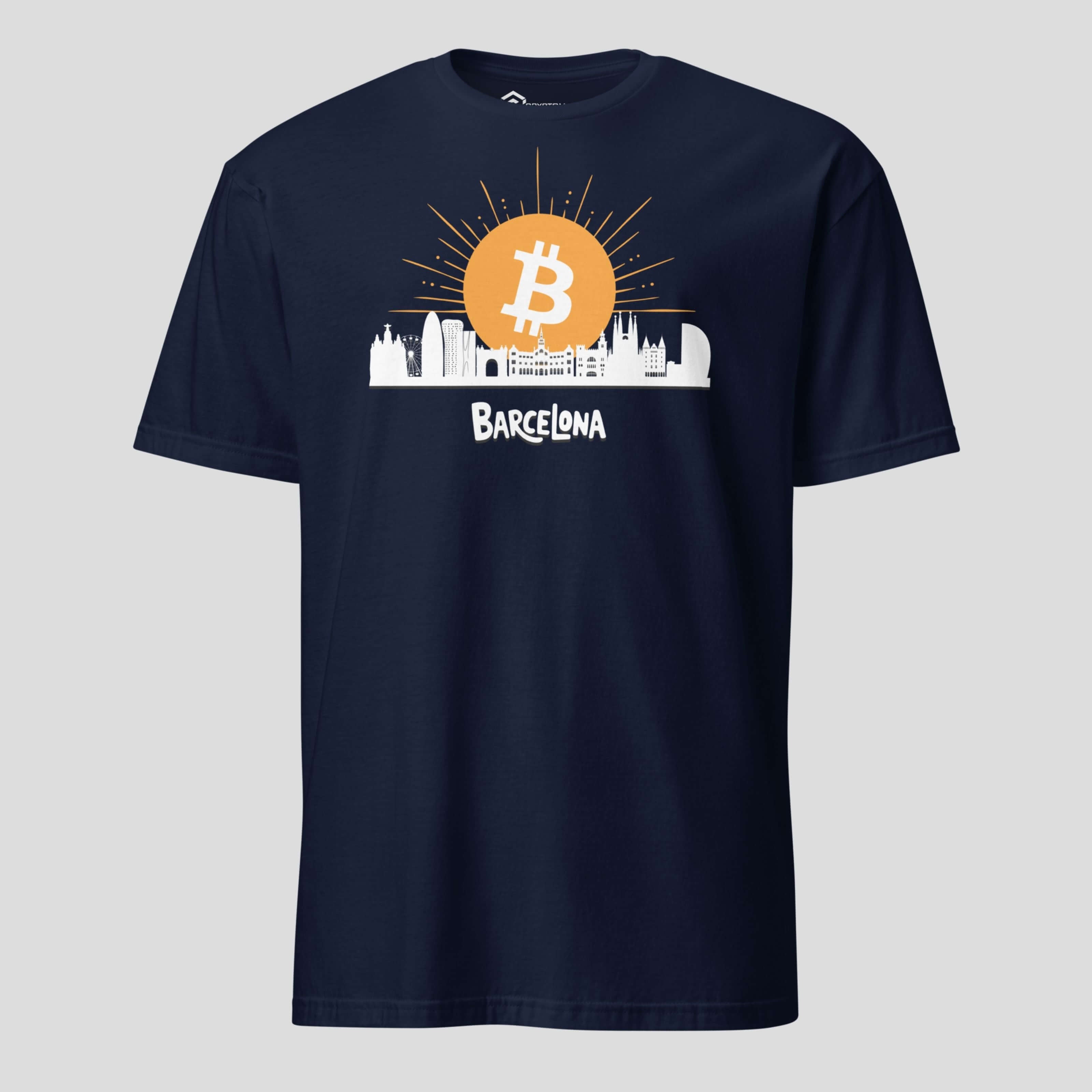 Bitcoin skyline artwork inspired by Barcelona city on navy t-shirt