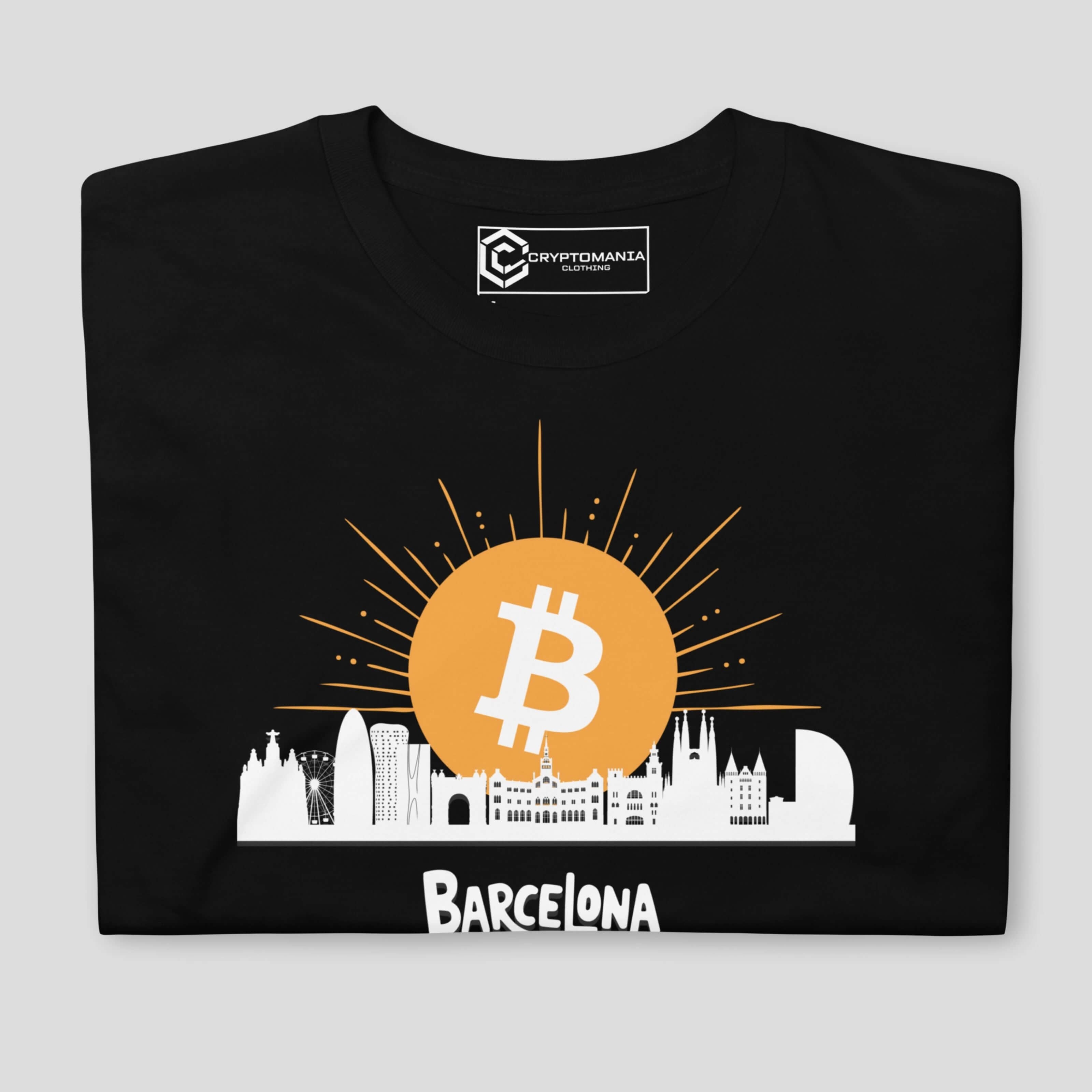 Close-up of Barcelona Bitcoin skyline print on black crypto t-shirt