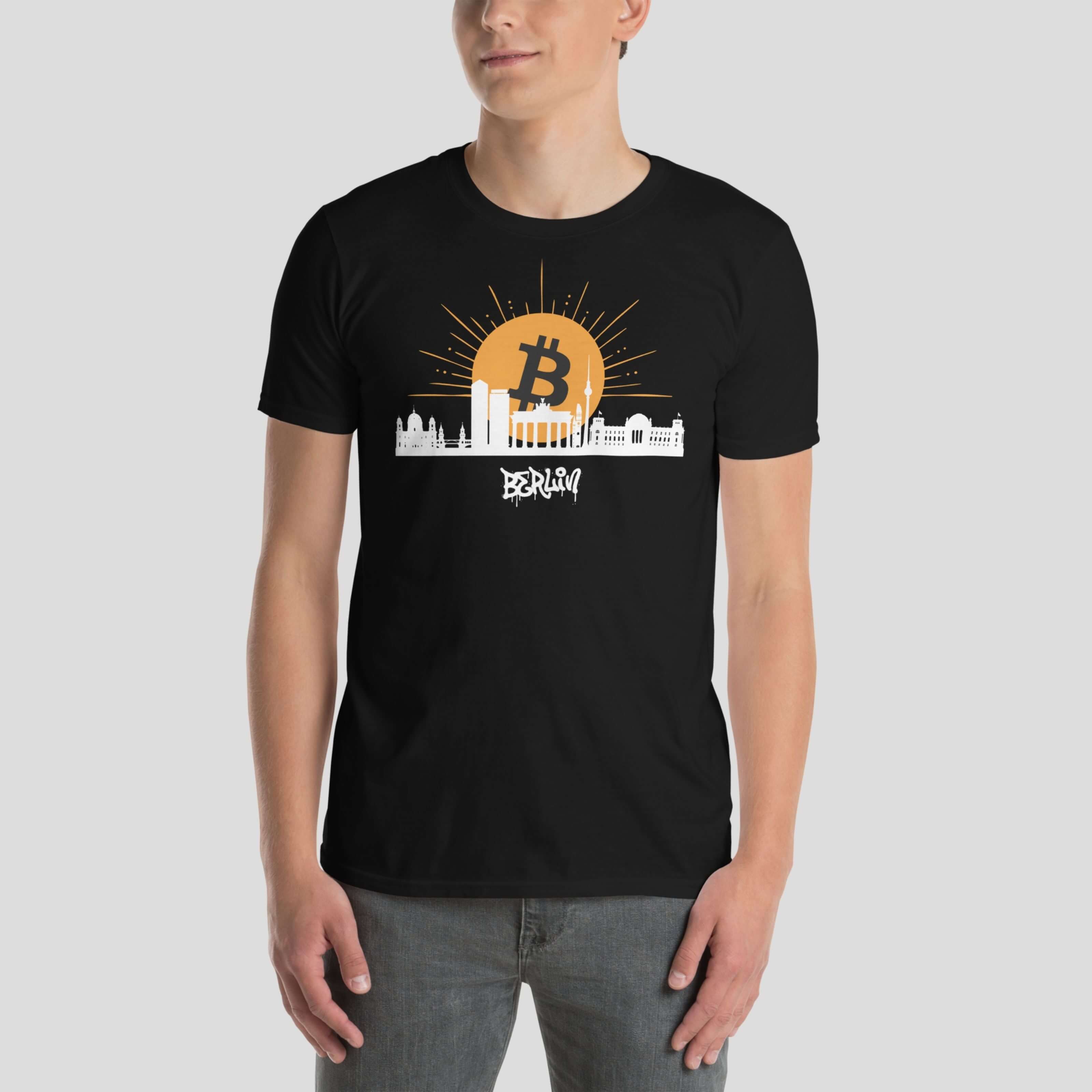 Model wearing Berlin Bitcoin skyline black crypto t-shirt streetwear style
