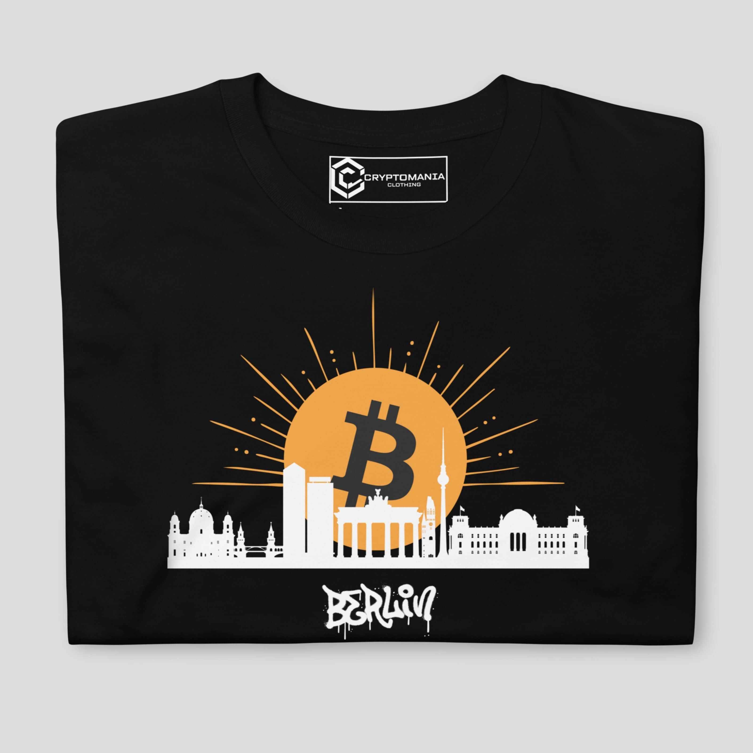 Black t-shirt with Bitcoin design and 'Berlin' text on a gray background