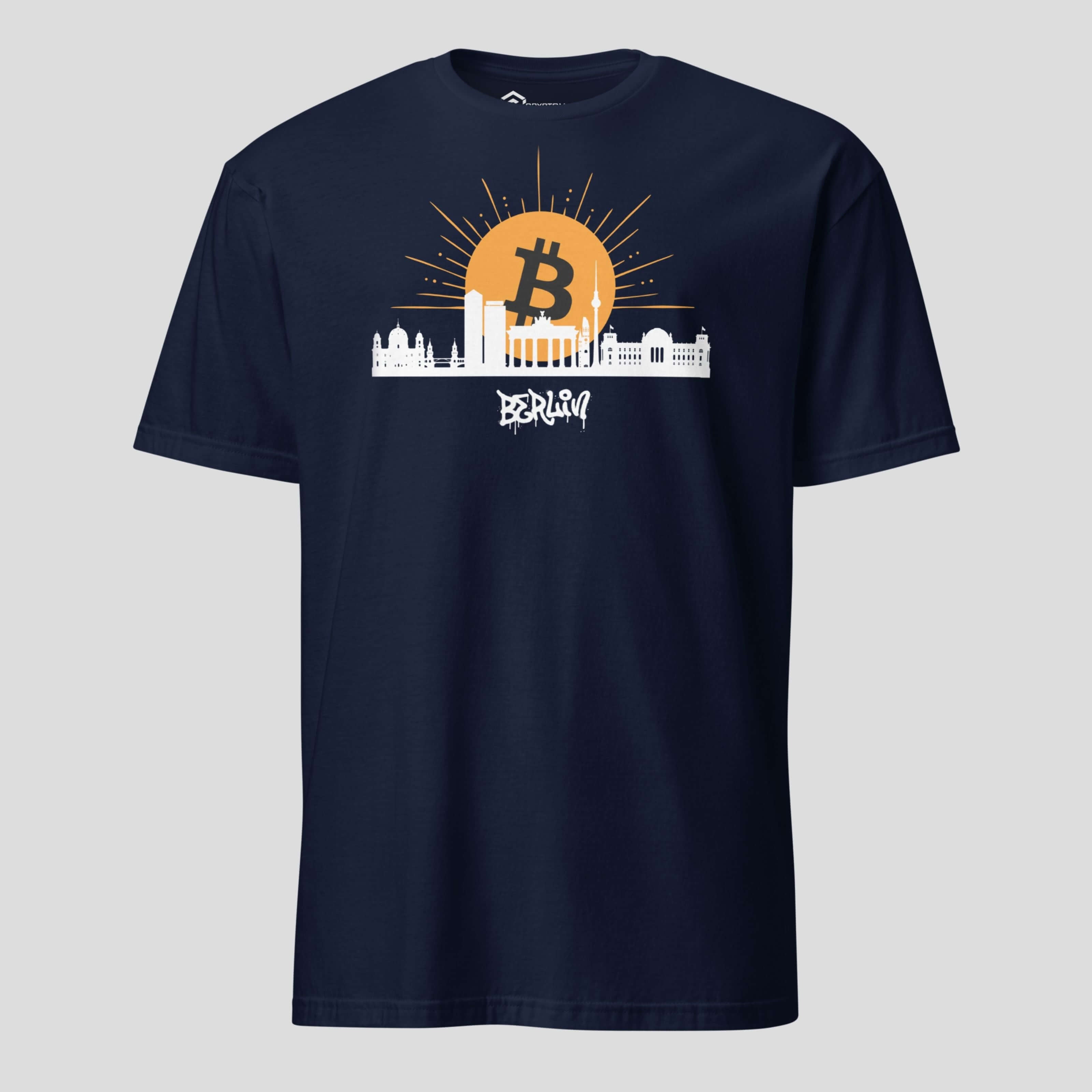 Bitcoin skyline artwork inspired by Berlin city on navy crypto t-shirt