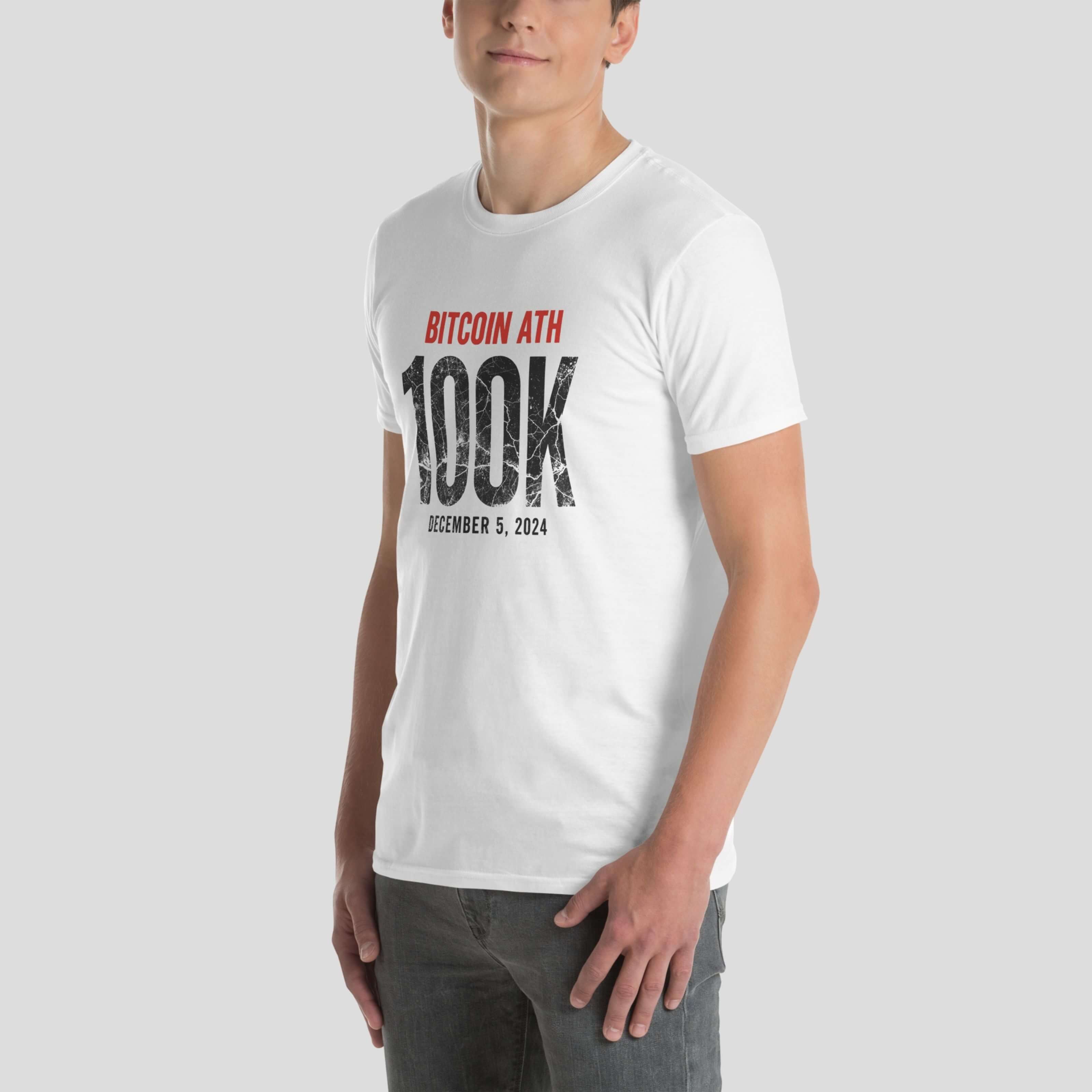 White bitcoin milestone shirt for crypto believers worn by a male model