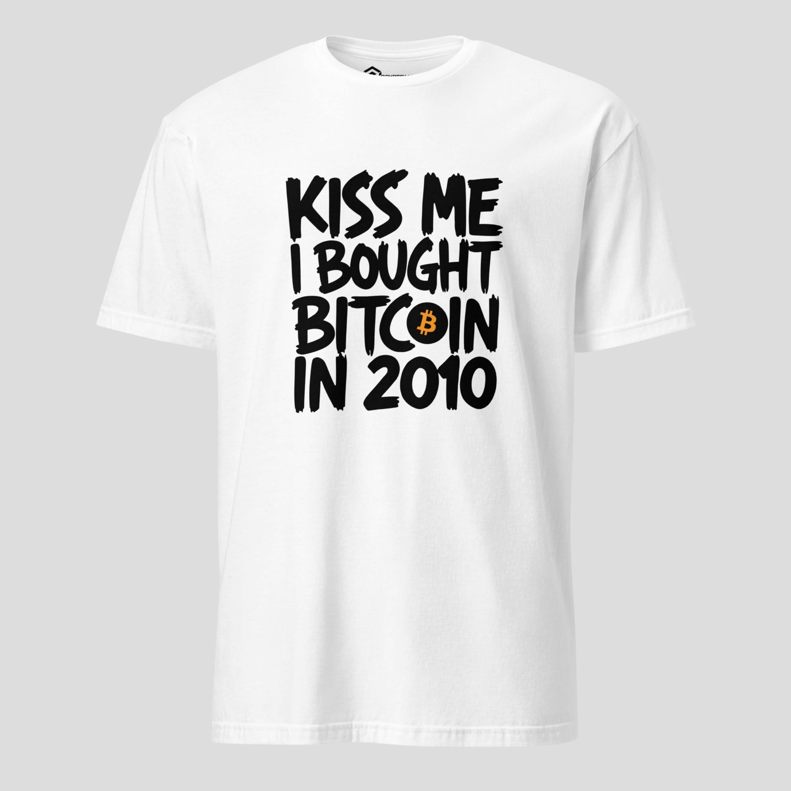 Kiss Me Bitcoin 2010 funny crypto t-shirt white version front view