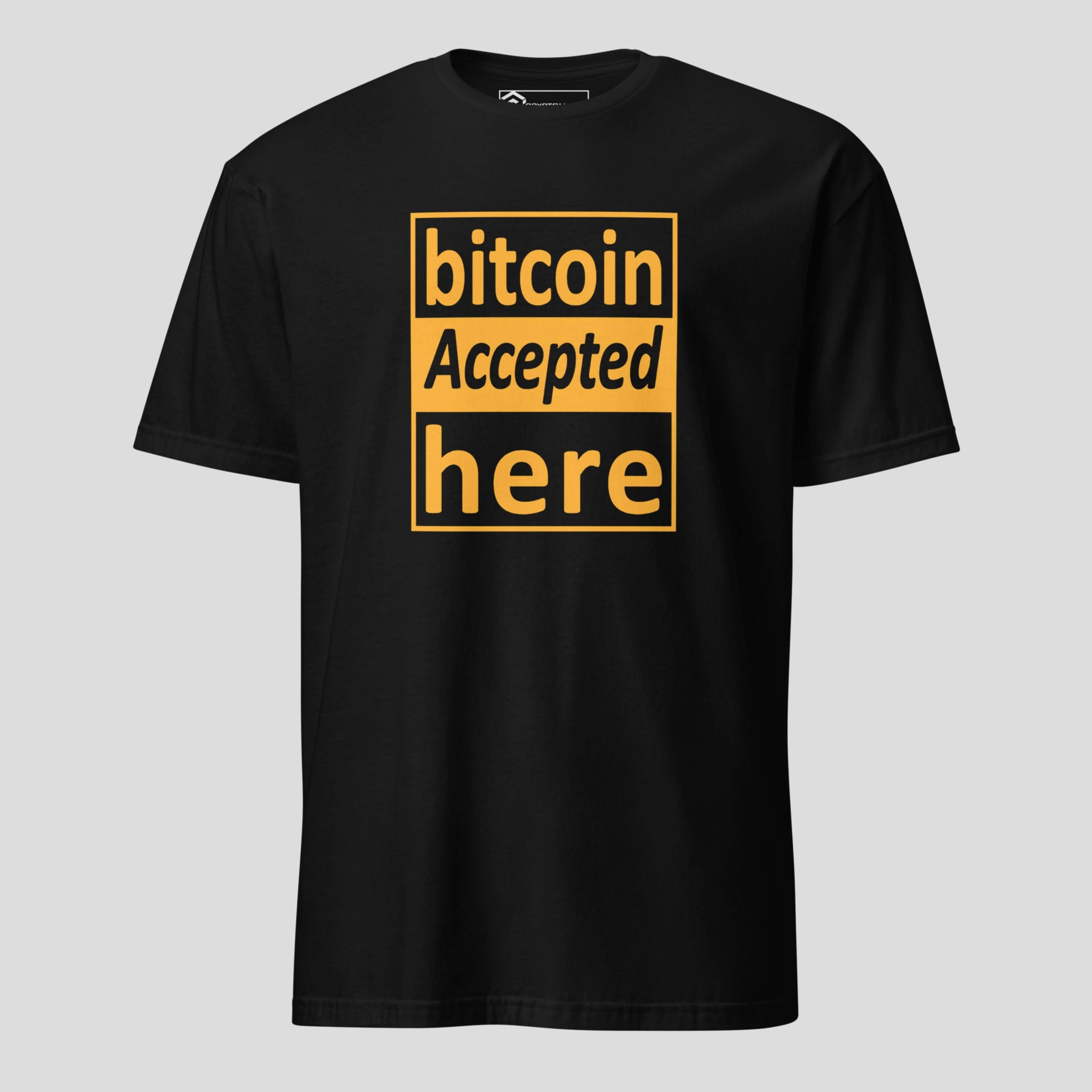 Bitcoin accepted here t-shirt black crypto sign design