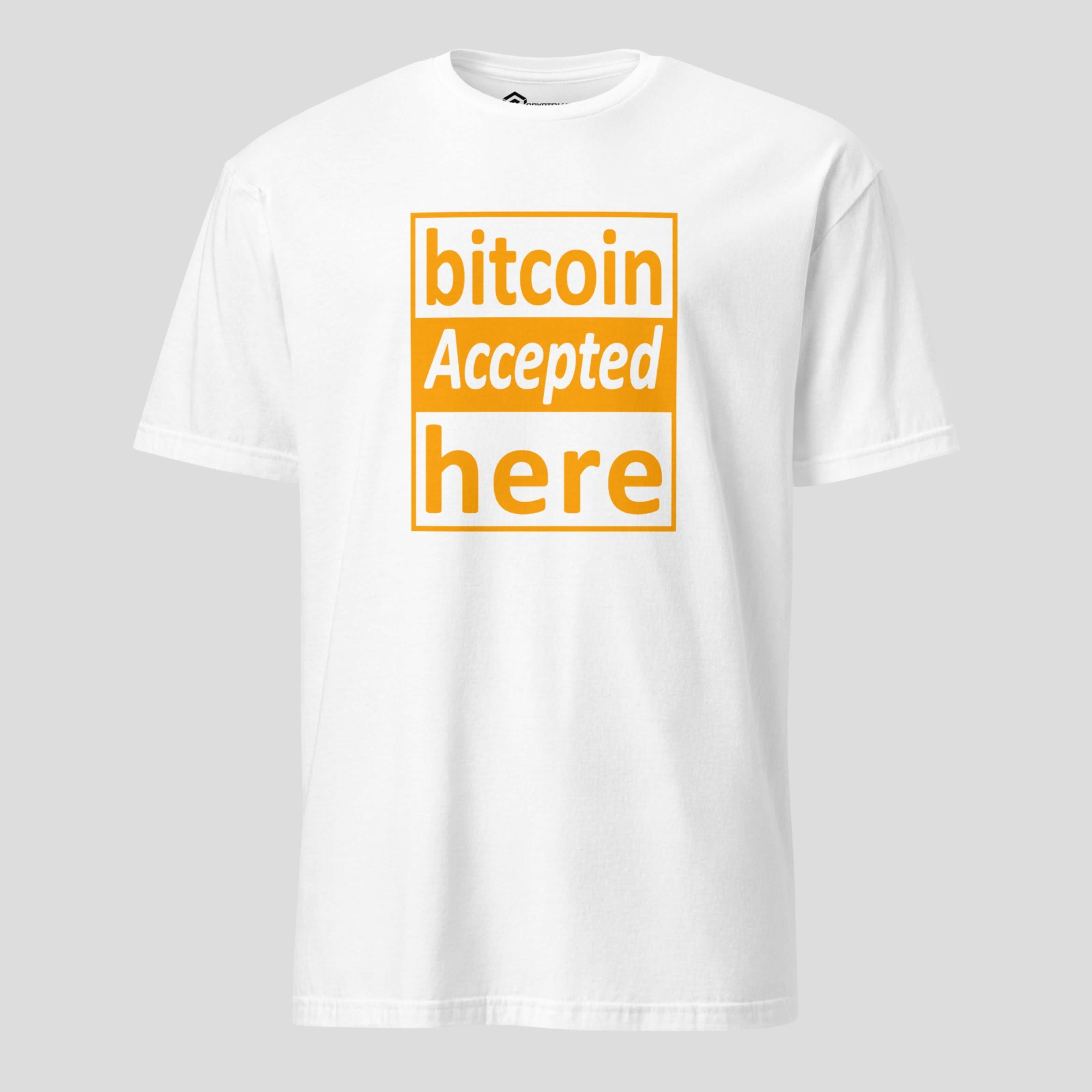 White bitcoin accepted shirt for crypto users and merchants