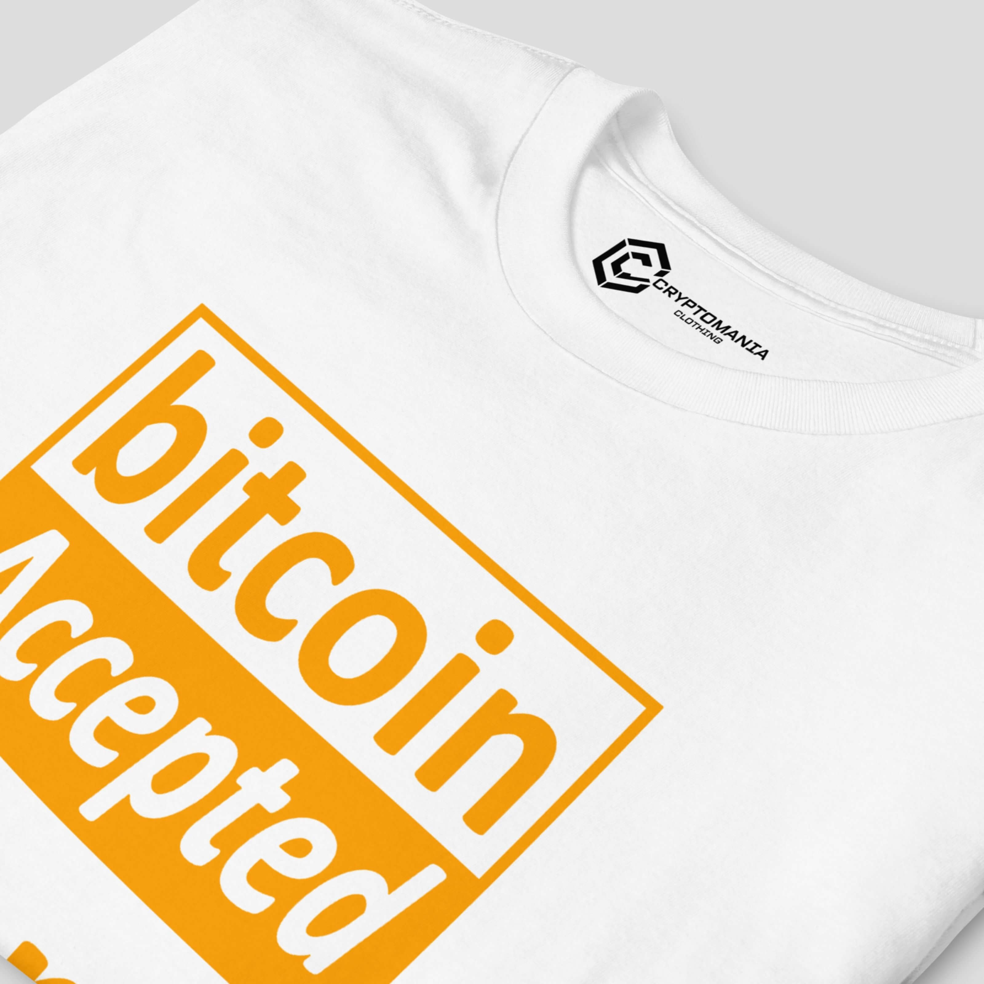 Close up of a white bitcoin accepted shirt