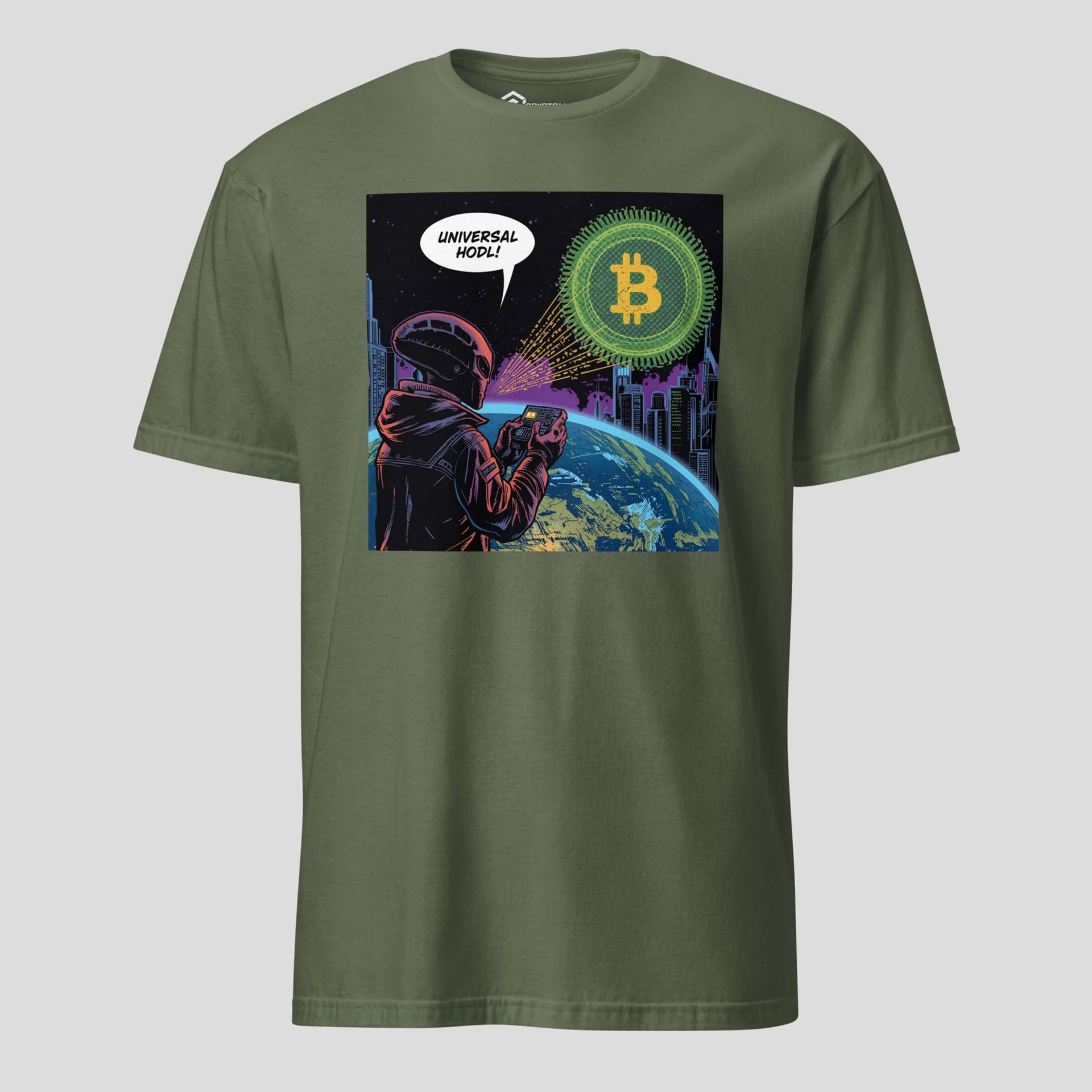 Bitcoin alien space signal t-shirt with sci-fi crypto artwork
