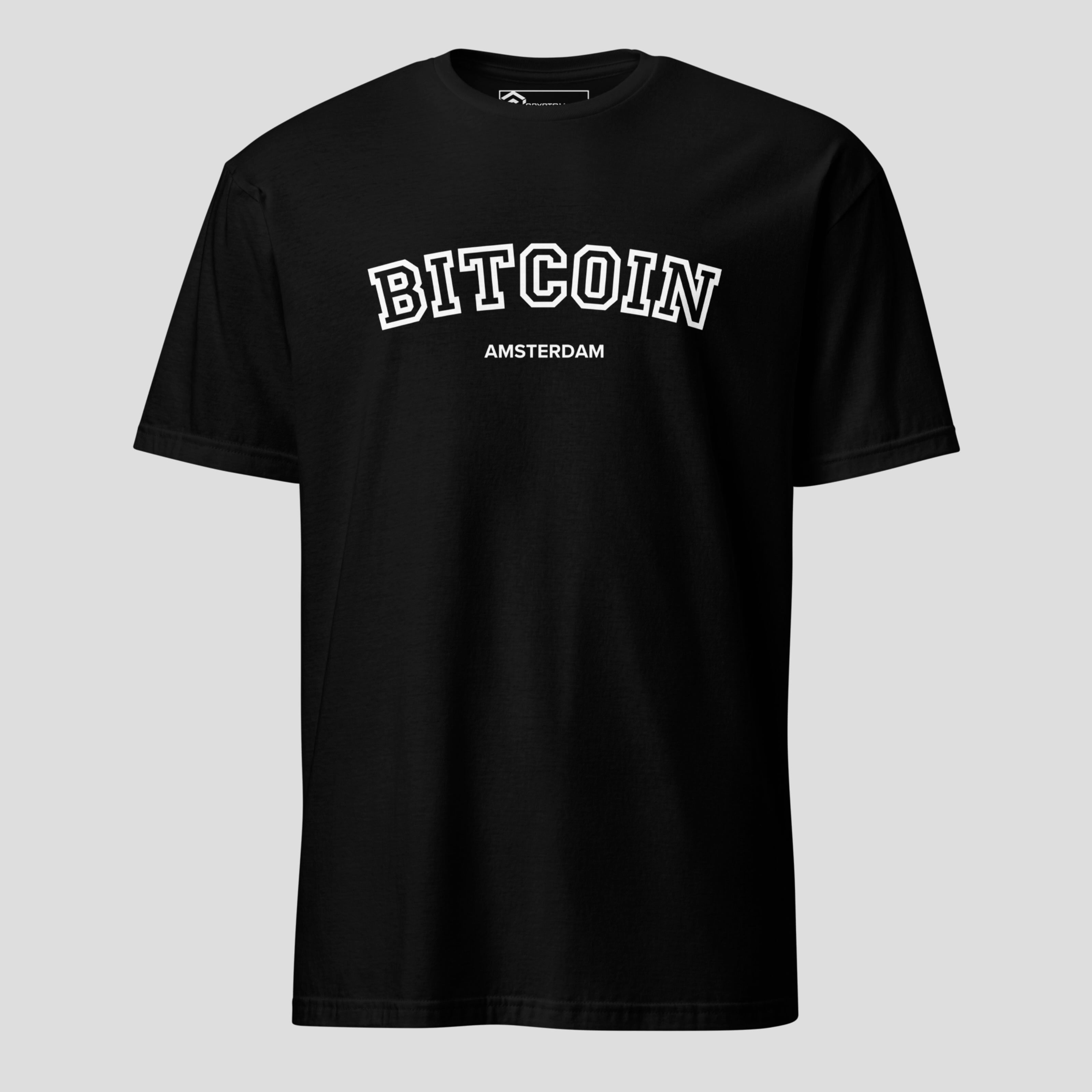 Bitcoin Amsterdam t-shirt black varsity style crypto tee