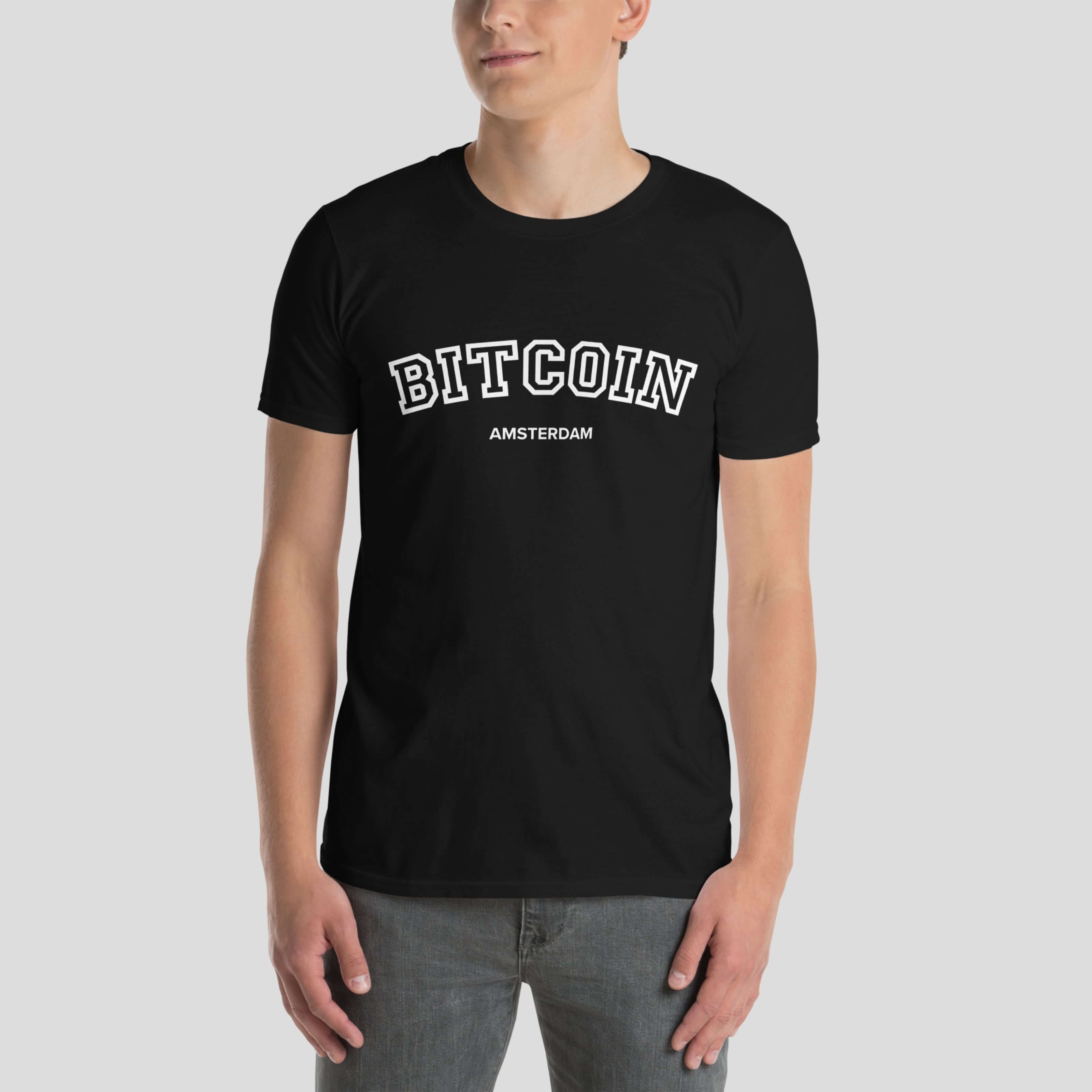 Model in a bitcoin varsity lettering amsterdam black tshirt