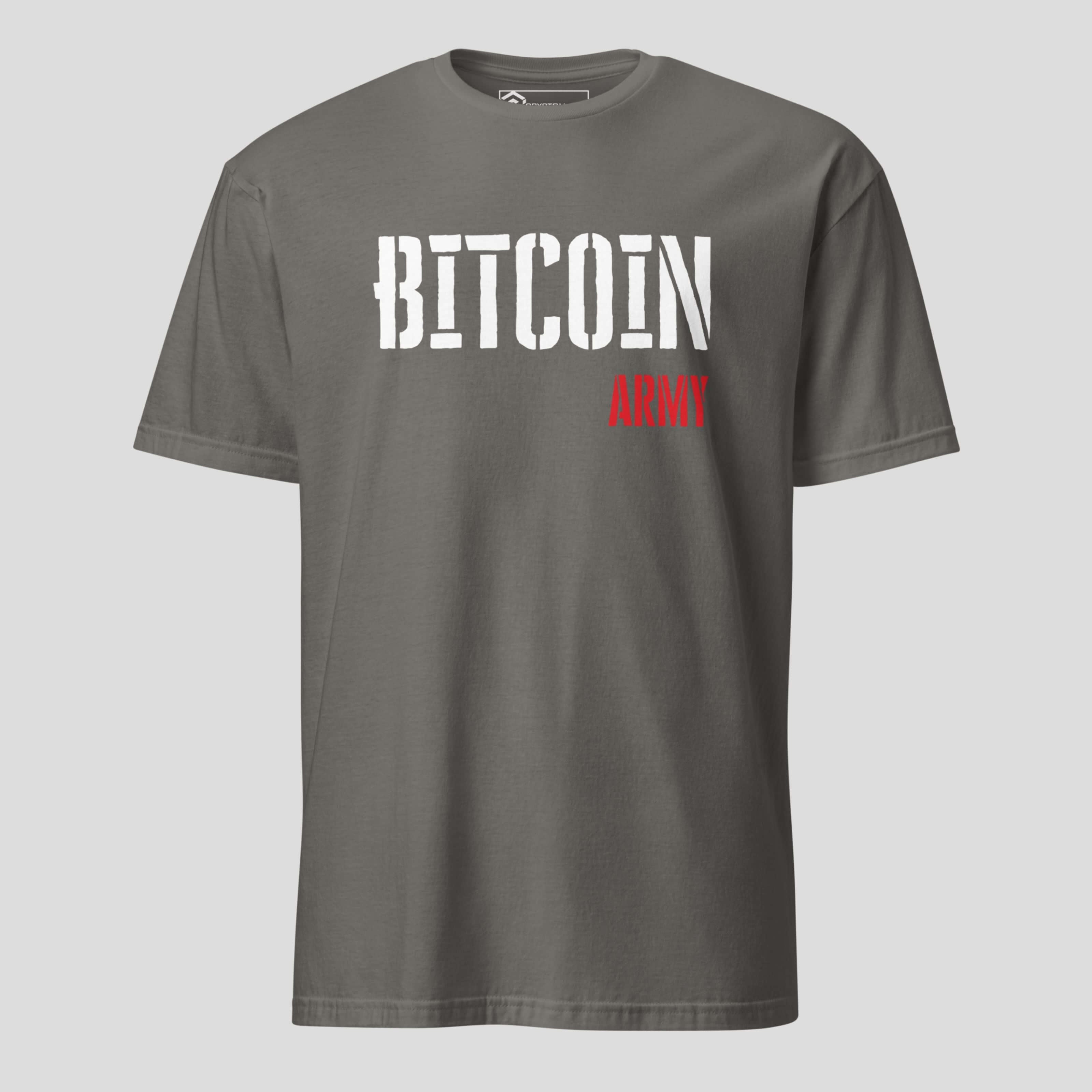 Grey bitcoin army crypto t-shirt modern BTC lifestyle apparel for web3 believers