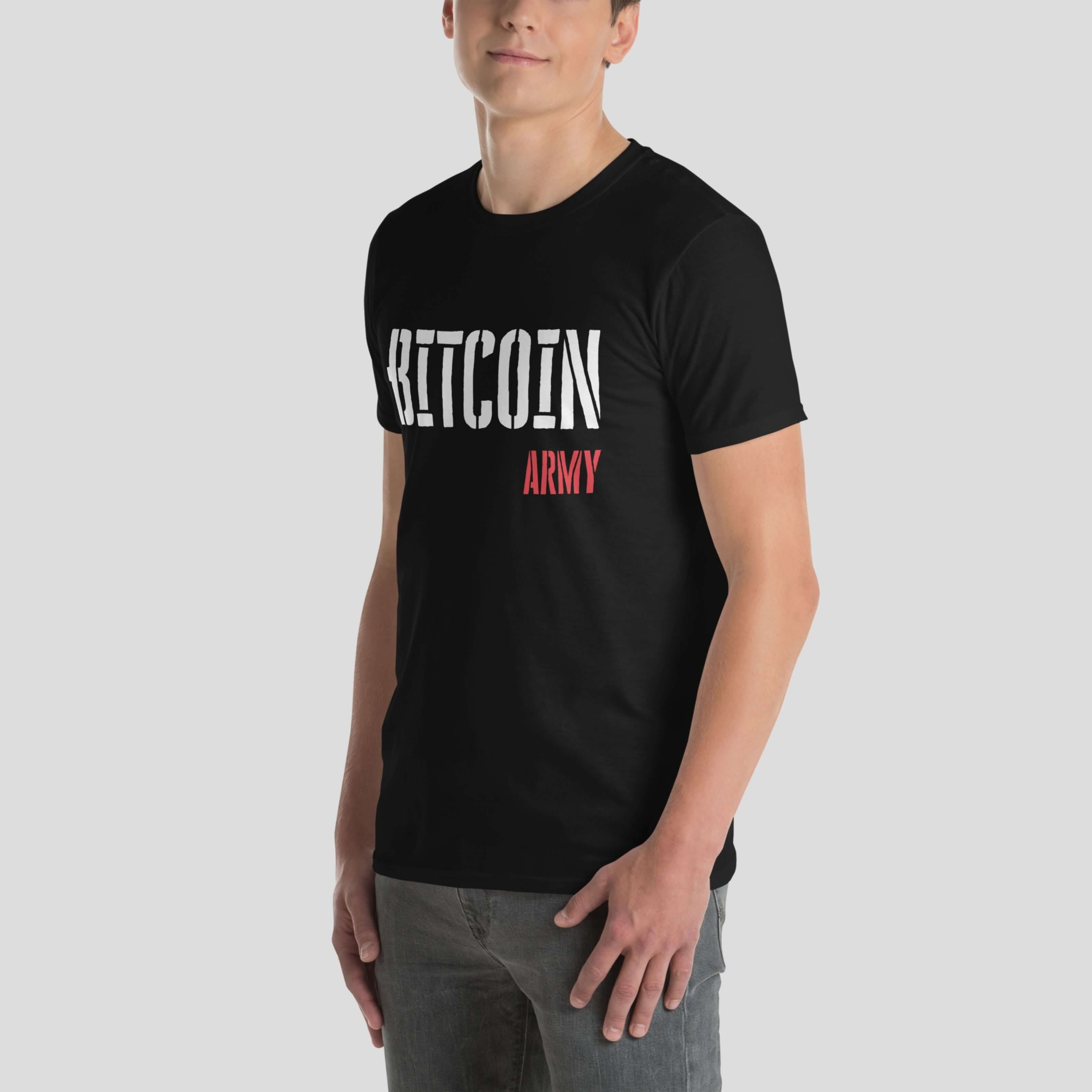 Model in a black bitcoin graphic tee