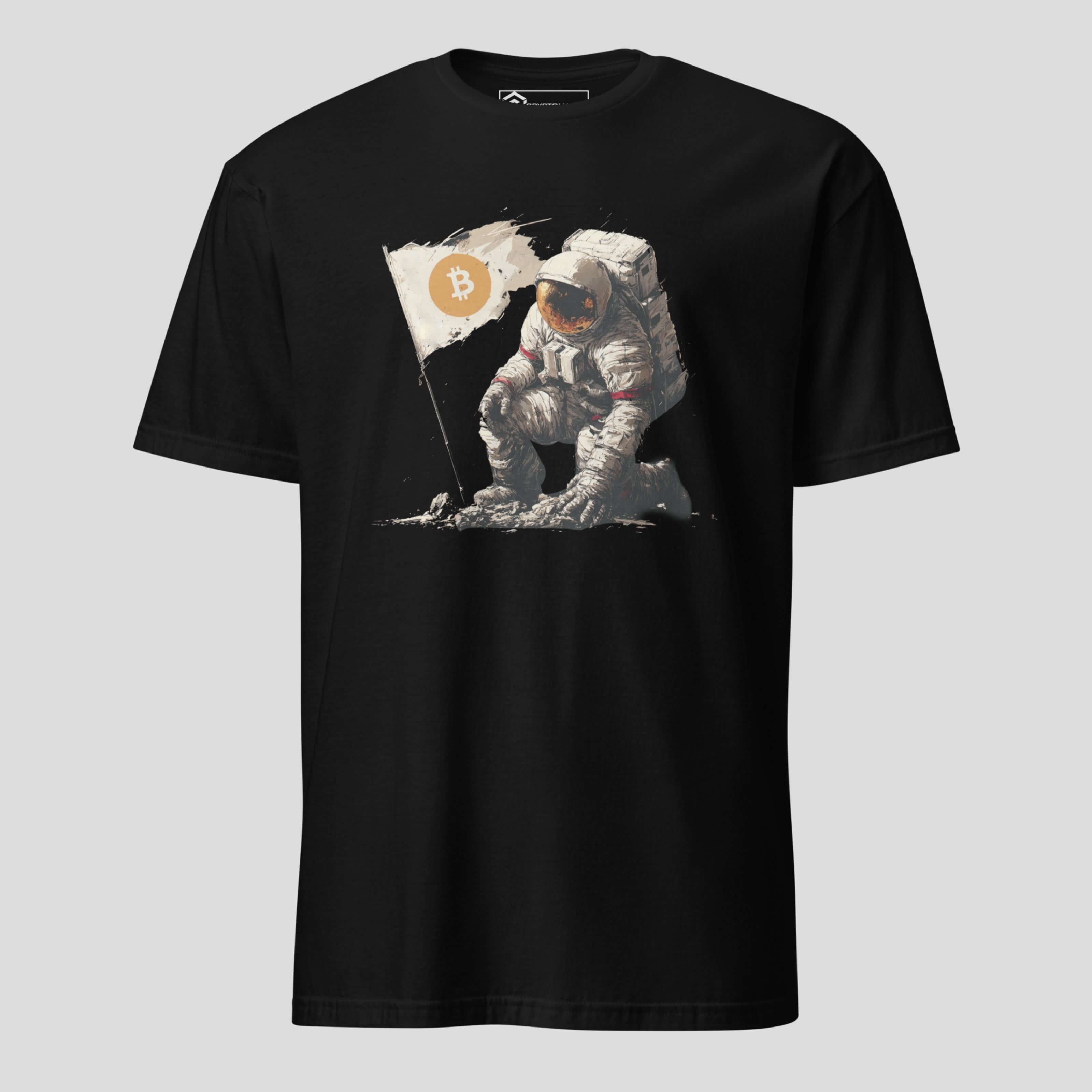 Black t-shirt with an astronaut on the moon graphic and Bitcoin symbol, on a light gray background