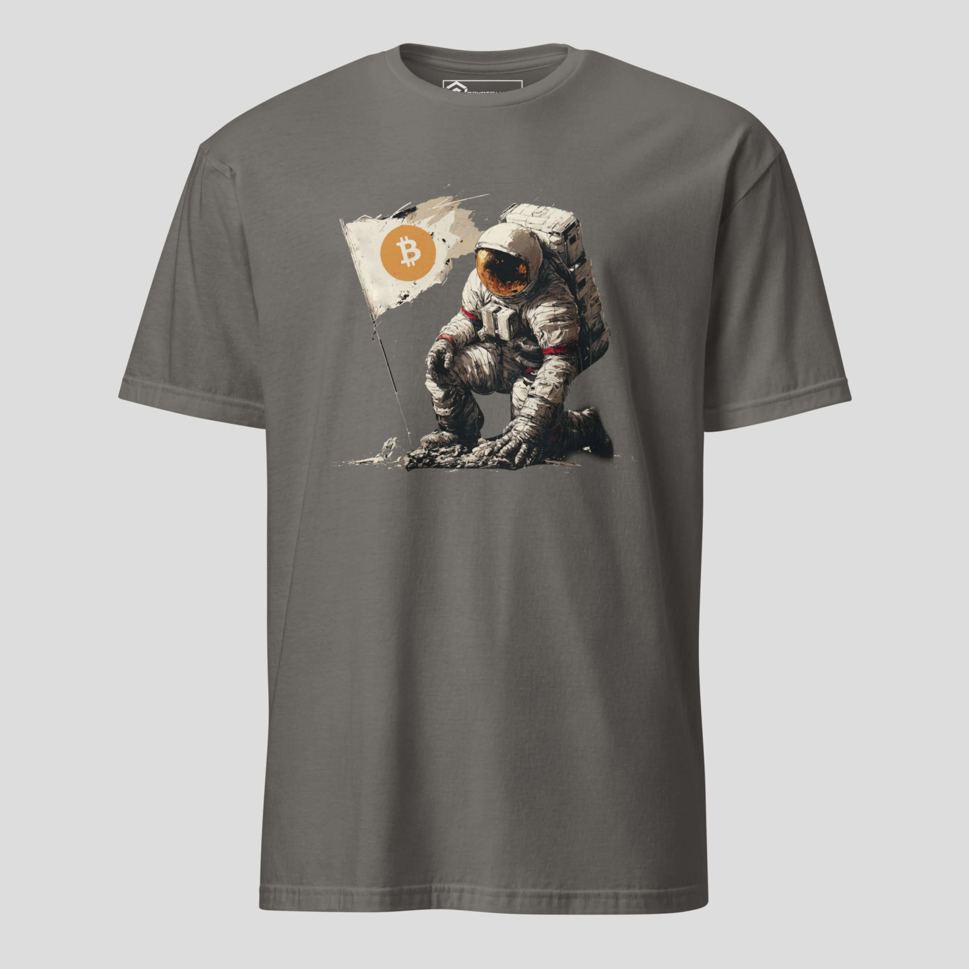 Gray t-shirt with an astronaut and Bitcoin logo graphic on a light gray background
