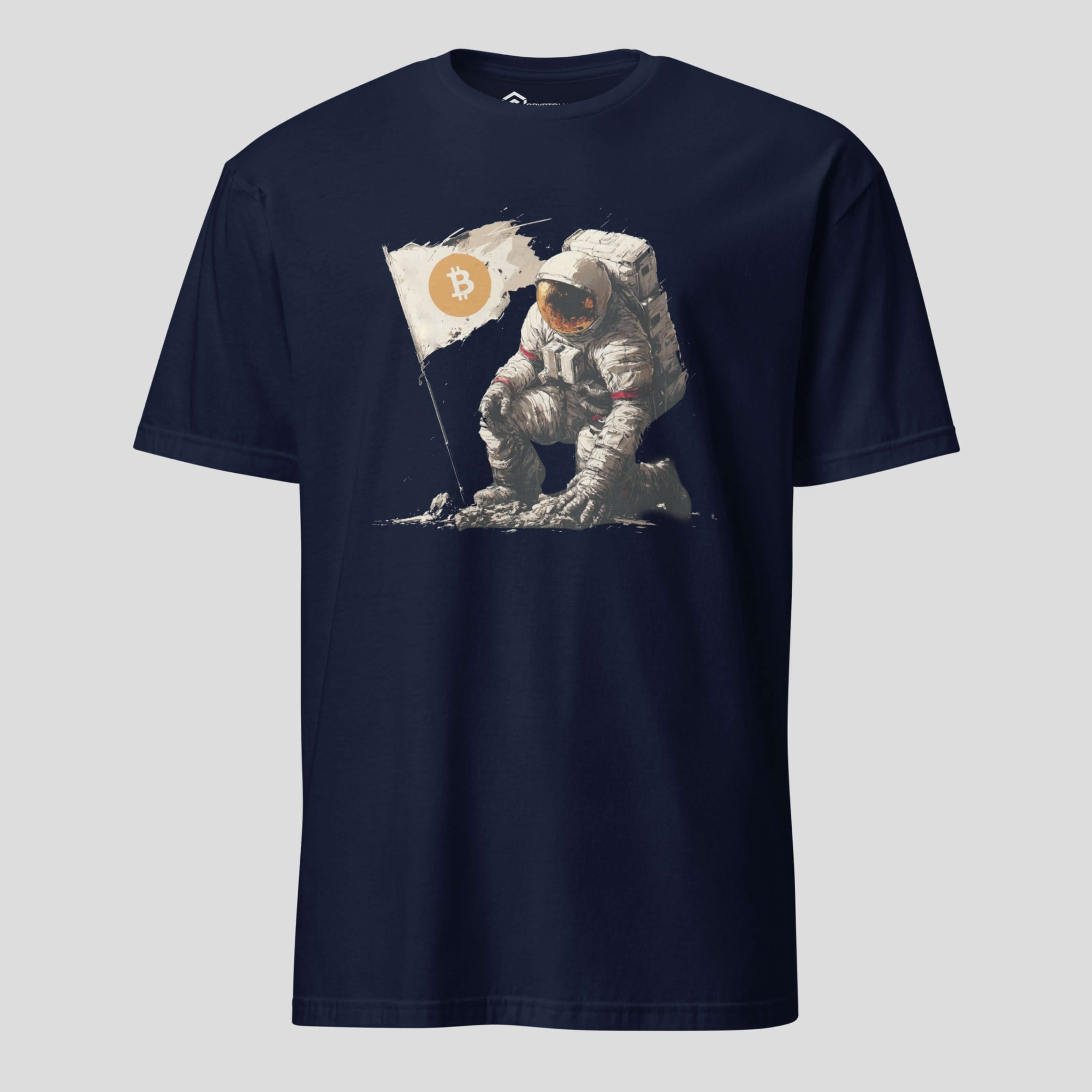 Navy blue t-shirt with an astronaut on the moon graphic and Bitcoin symbol on a light gray background