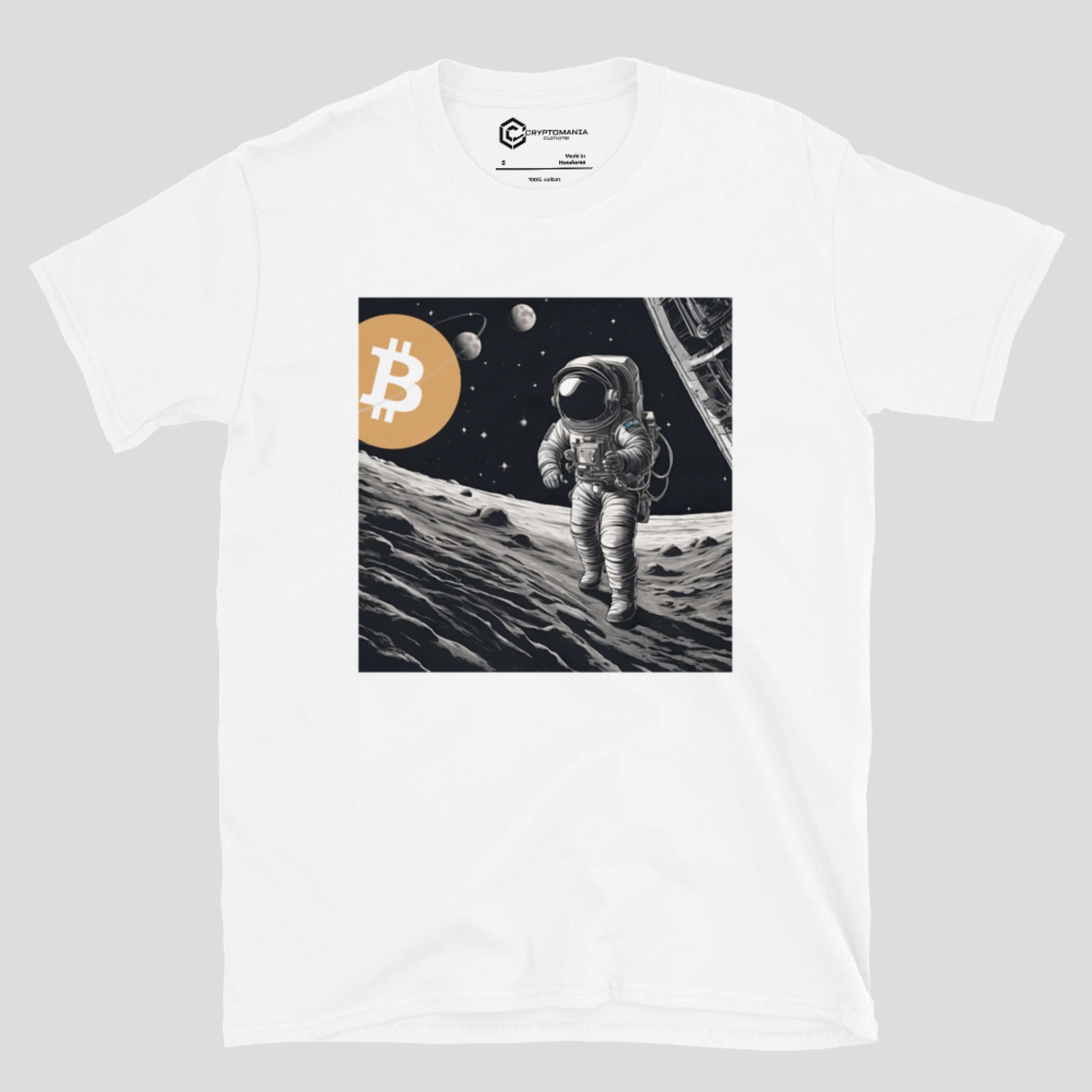 White bitcoin moon walk astronaut crypto t-shirt design