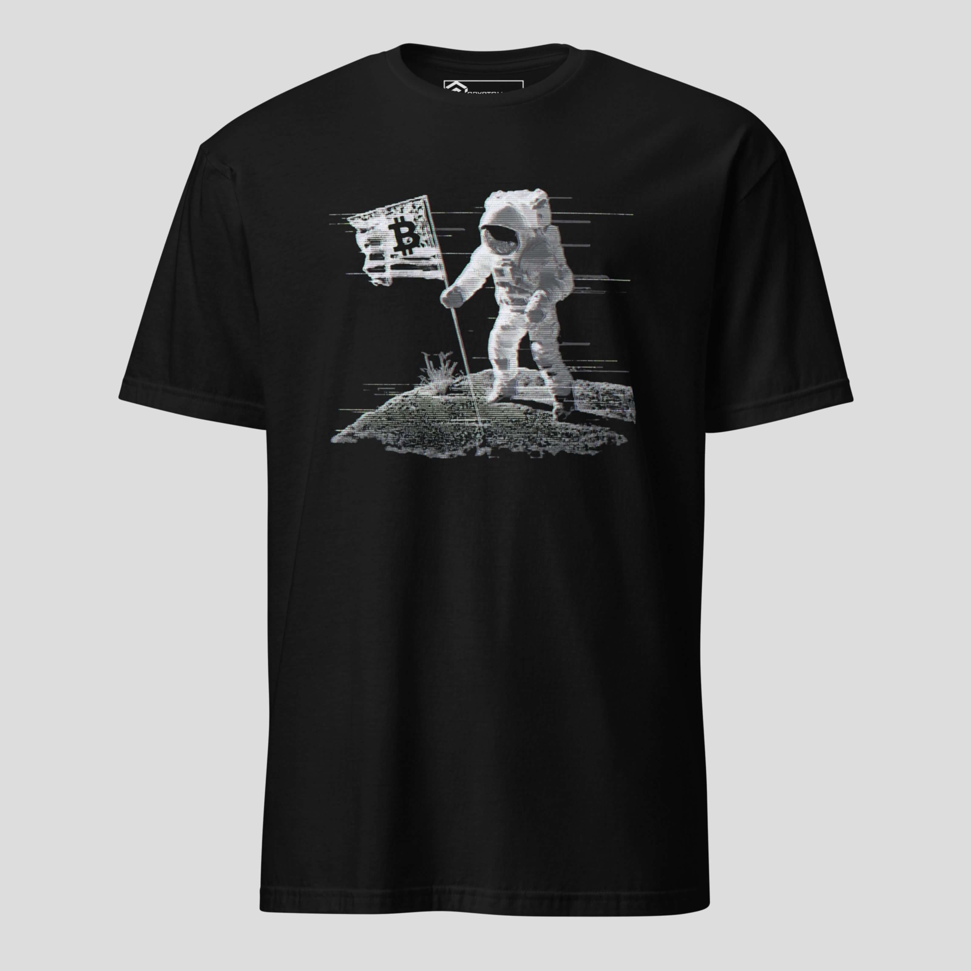Black bitcoin astronaut t-shirt planting flag on the moon