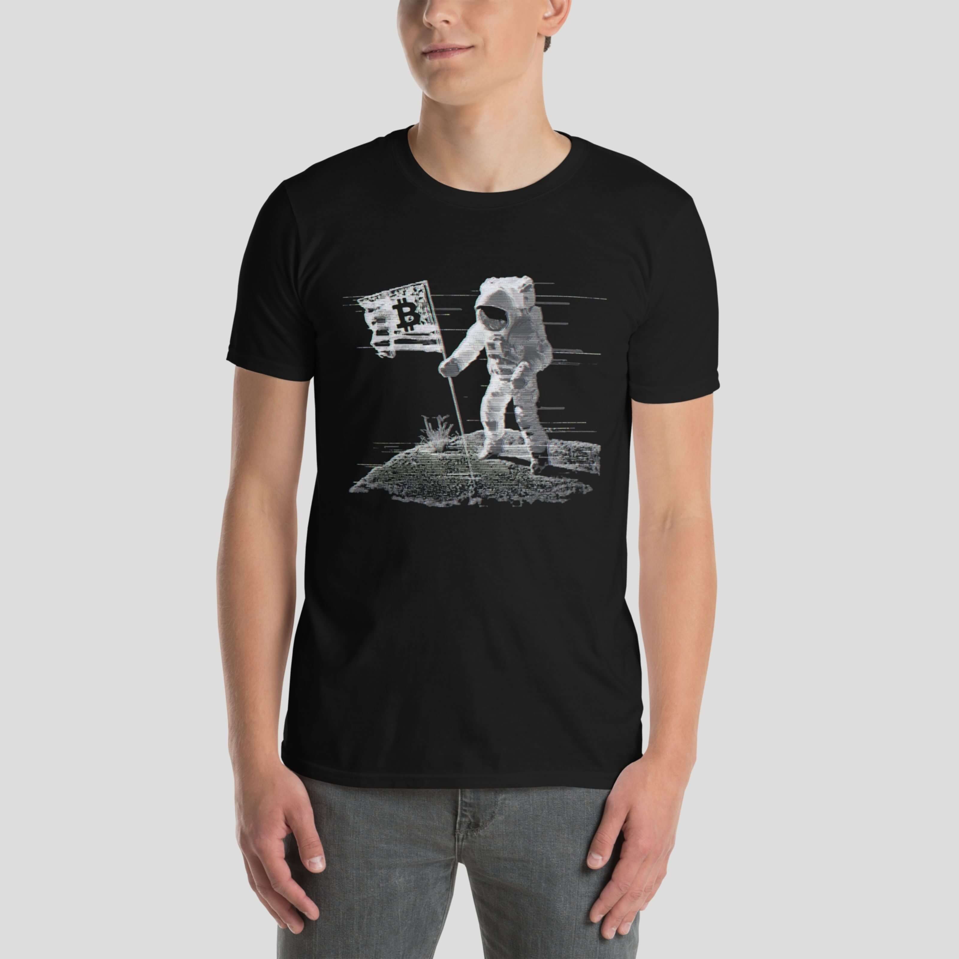Black bitcoin space explorer tshirt for traders worn by male model