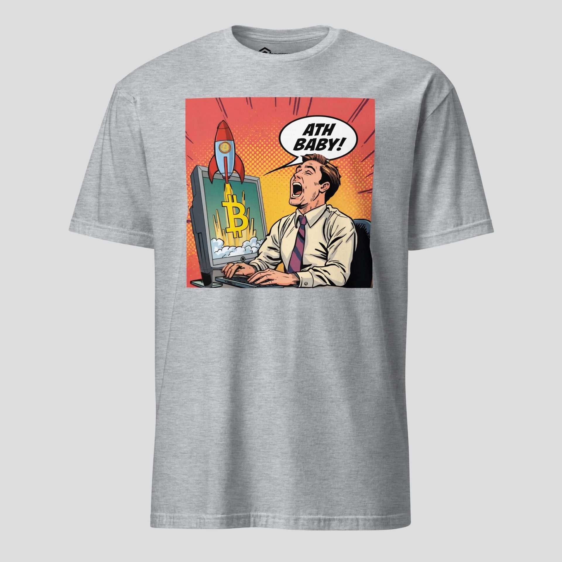 Grey Bitcoin ATH rocket t-shirt with retro crypto bull market illustration