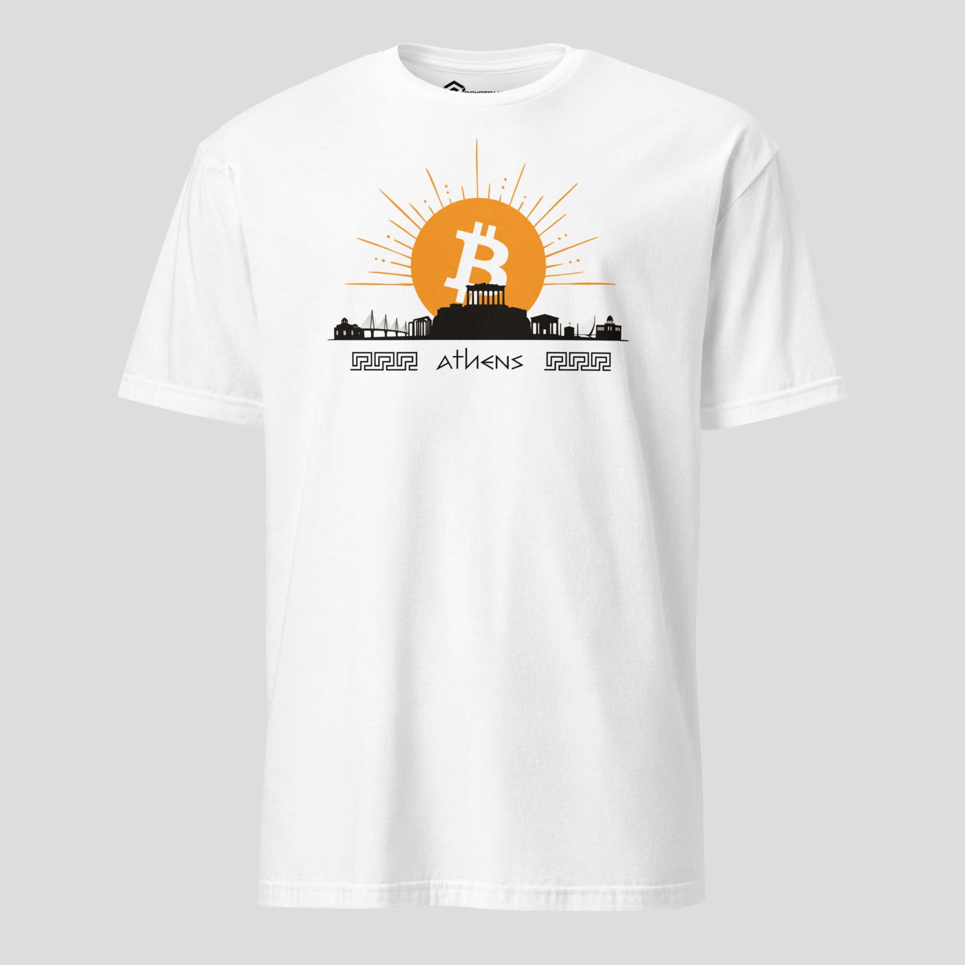 White Bitcoin Athens sunrise t-shirt with Greek skyline inspired crypto design