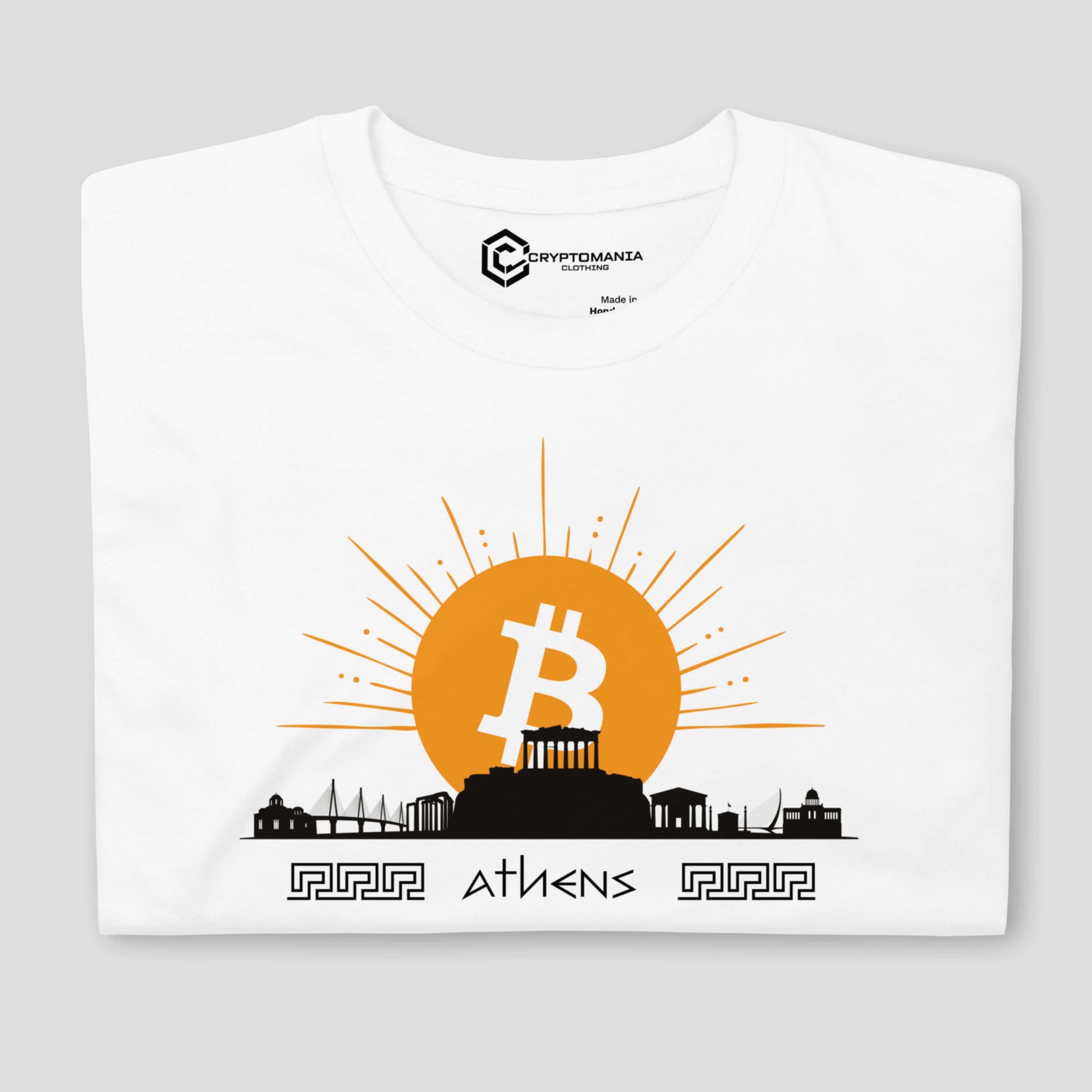 White crypto t-shirt featuring Bitcoin sun over Athens city silhouette