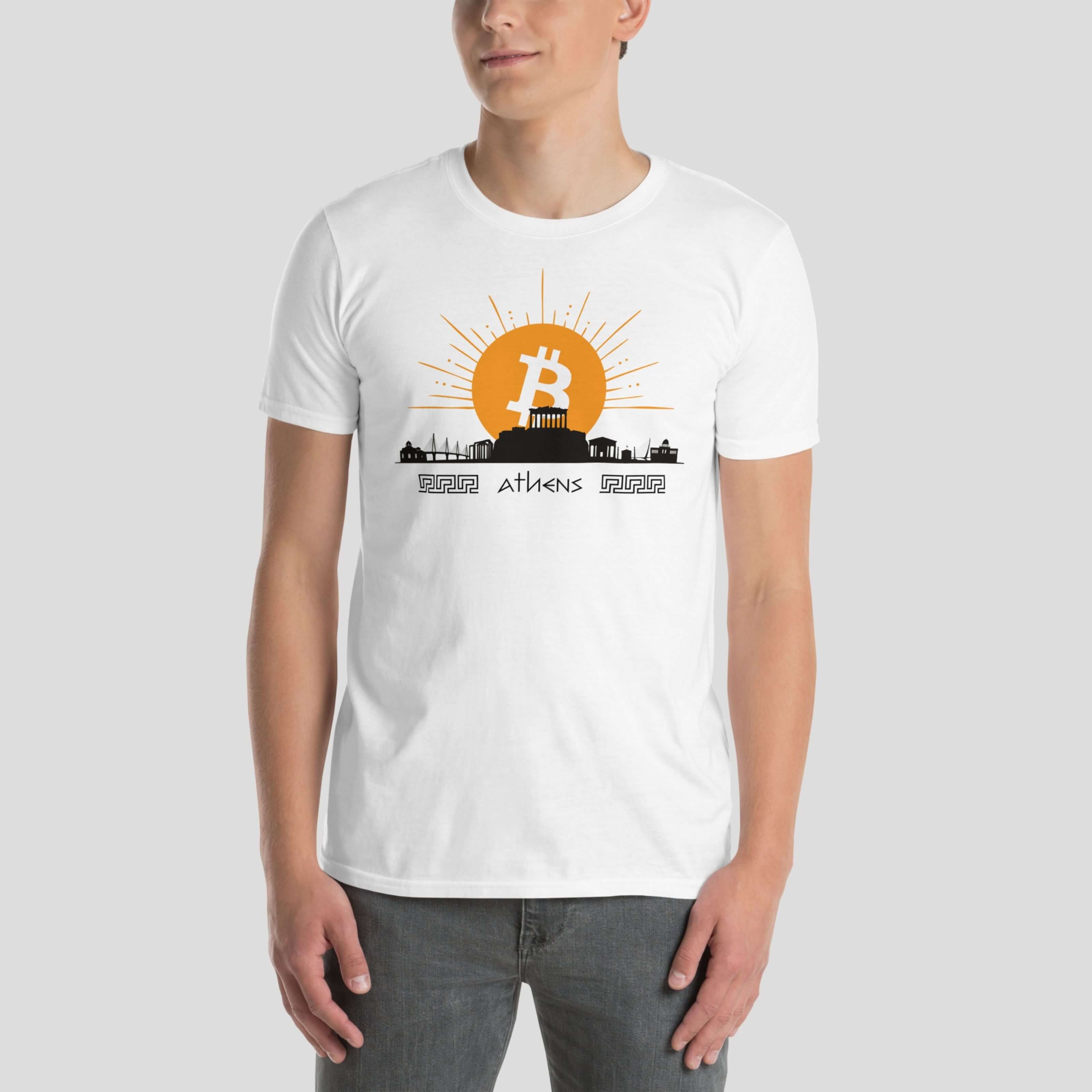 Model wearing Bitcoin Athens sunrise crypto culture t-shirt