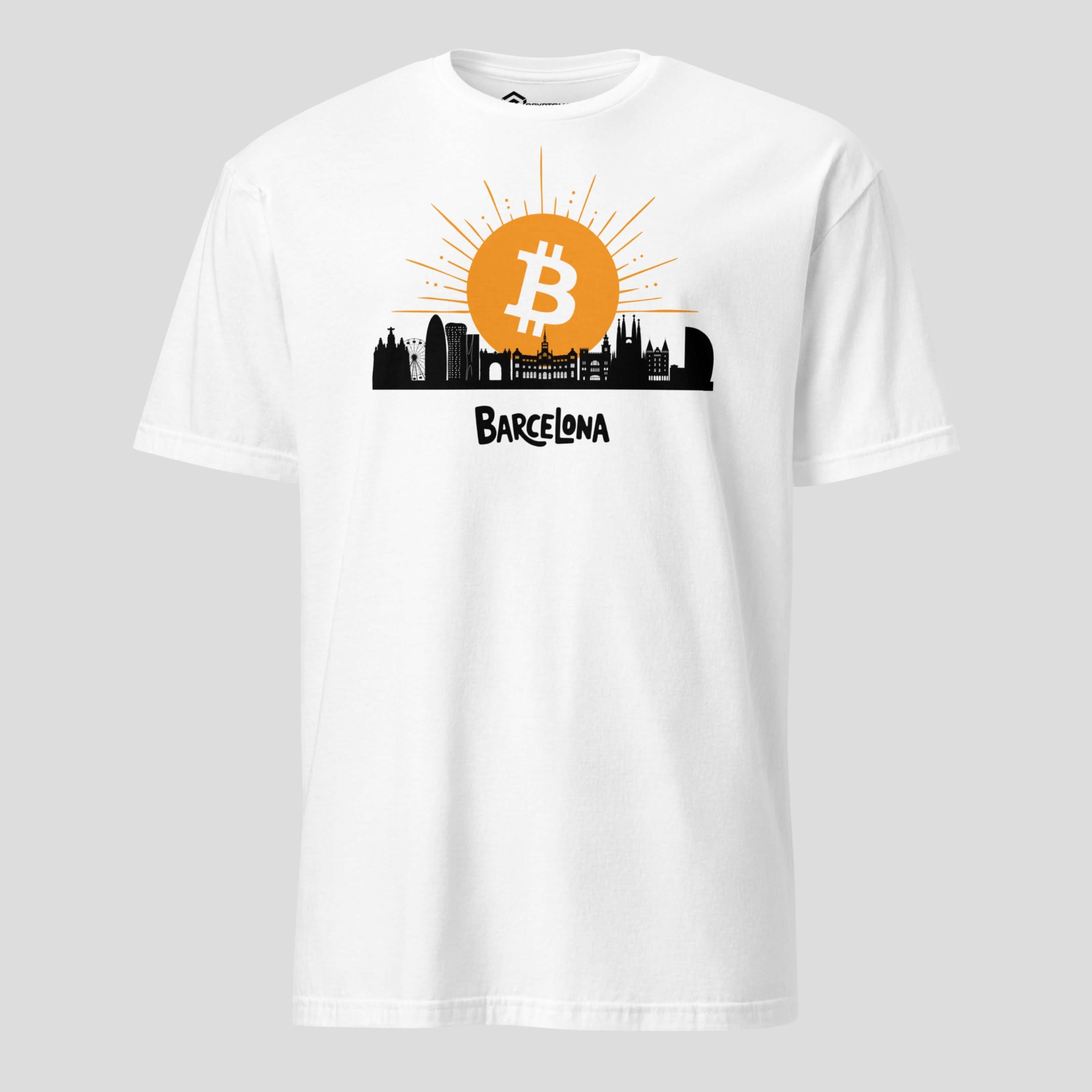 White Bitcoin Barcelona sunrise t-shirt with Barcelona skyline inspired crypto design