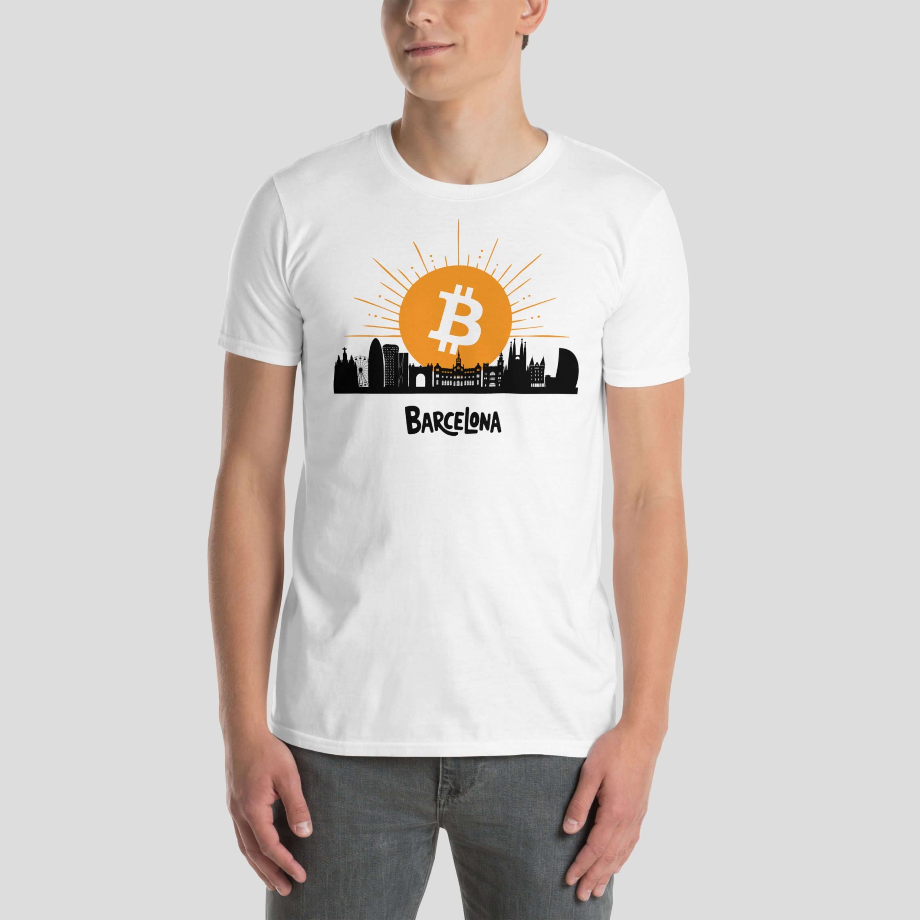Model wearing Bitcoin Barcelona sunrise crypto streetwear white t-shirt