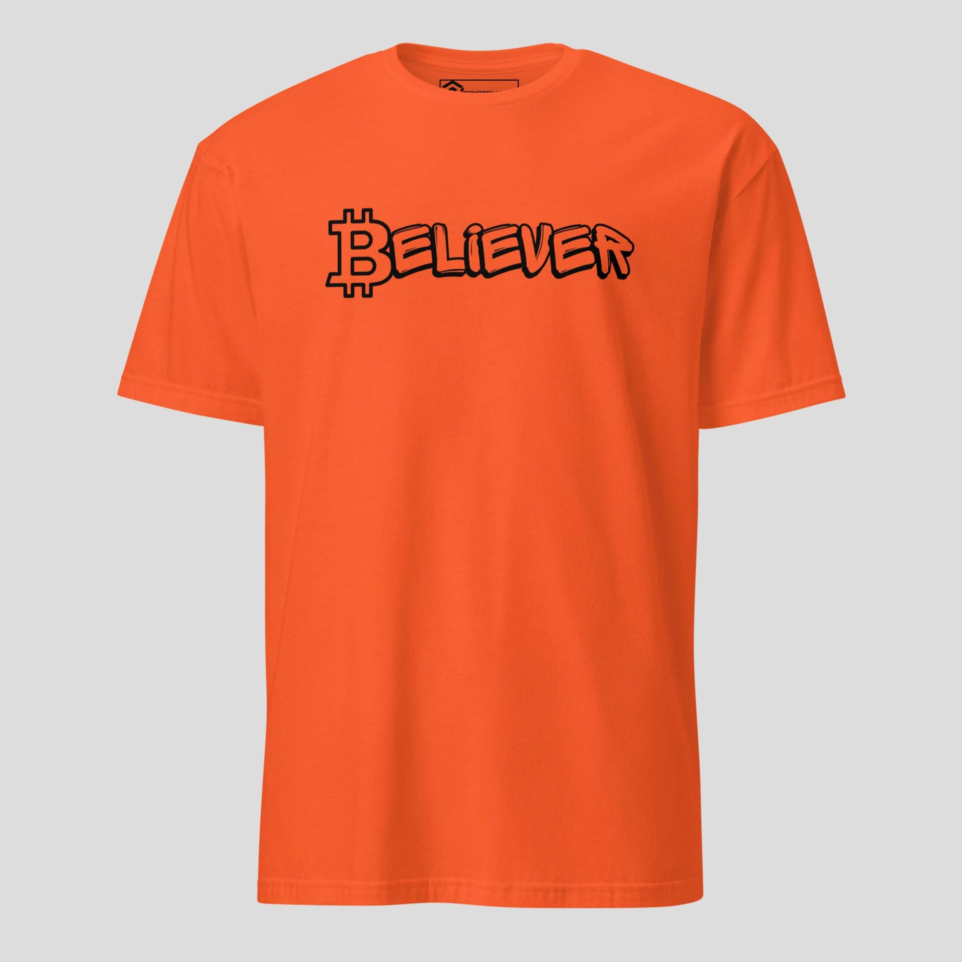 Bitcoin believer t-shirt orange color with bold crypto streetwear typography for BTC holders