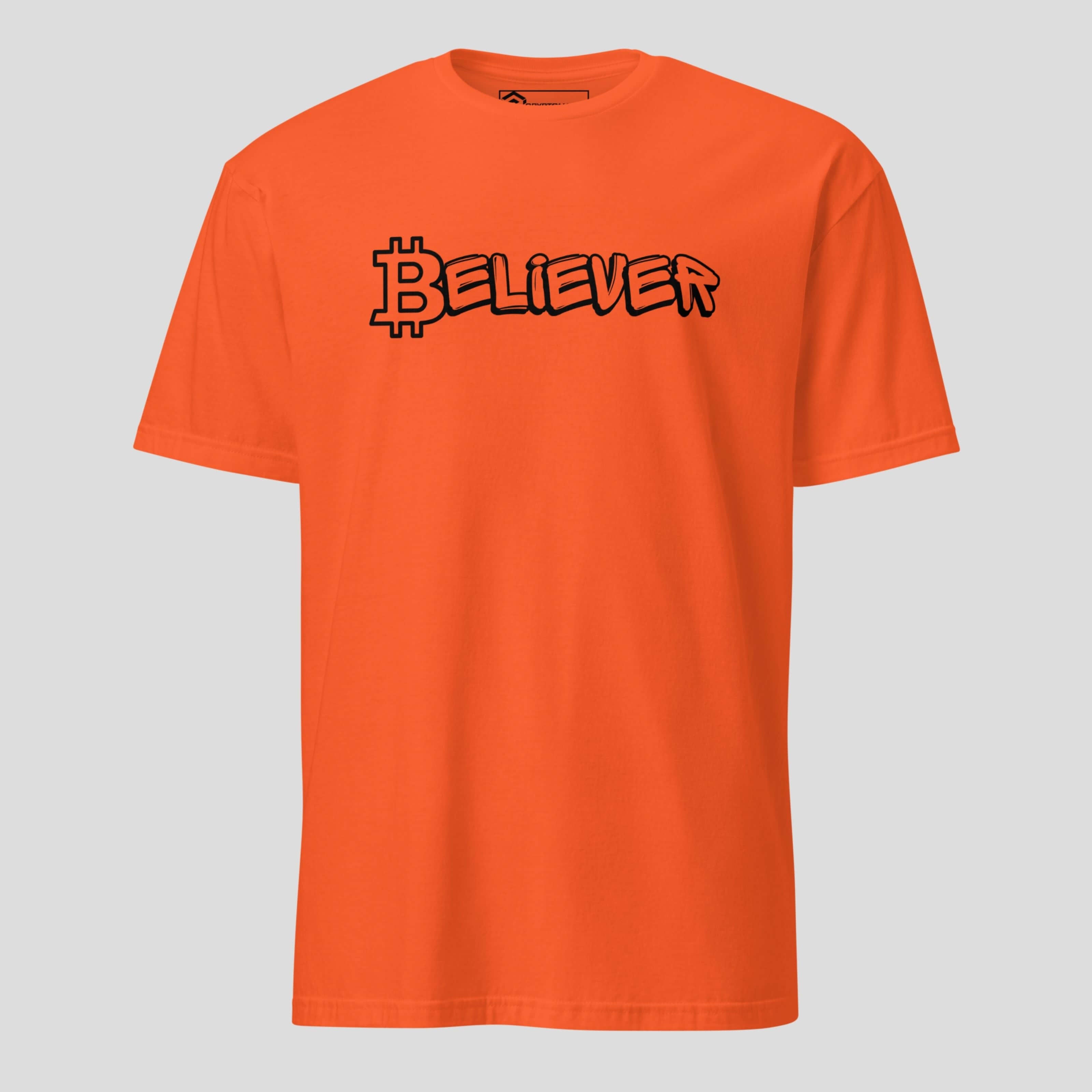 Bitcoin believer t-shirt orange color with bold crypto streetwear typography for BTC holders