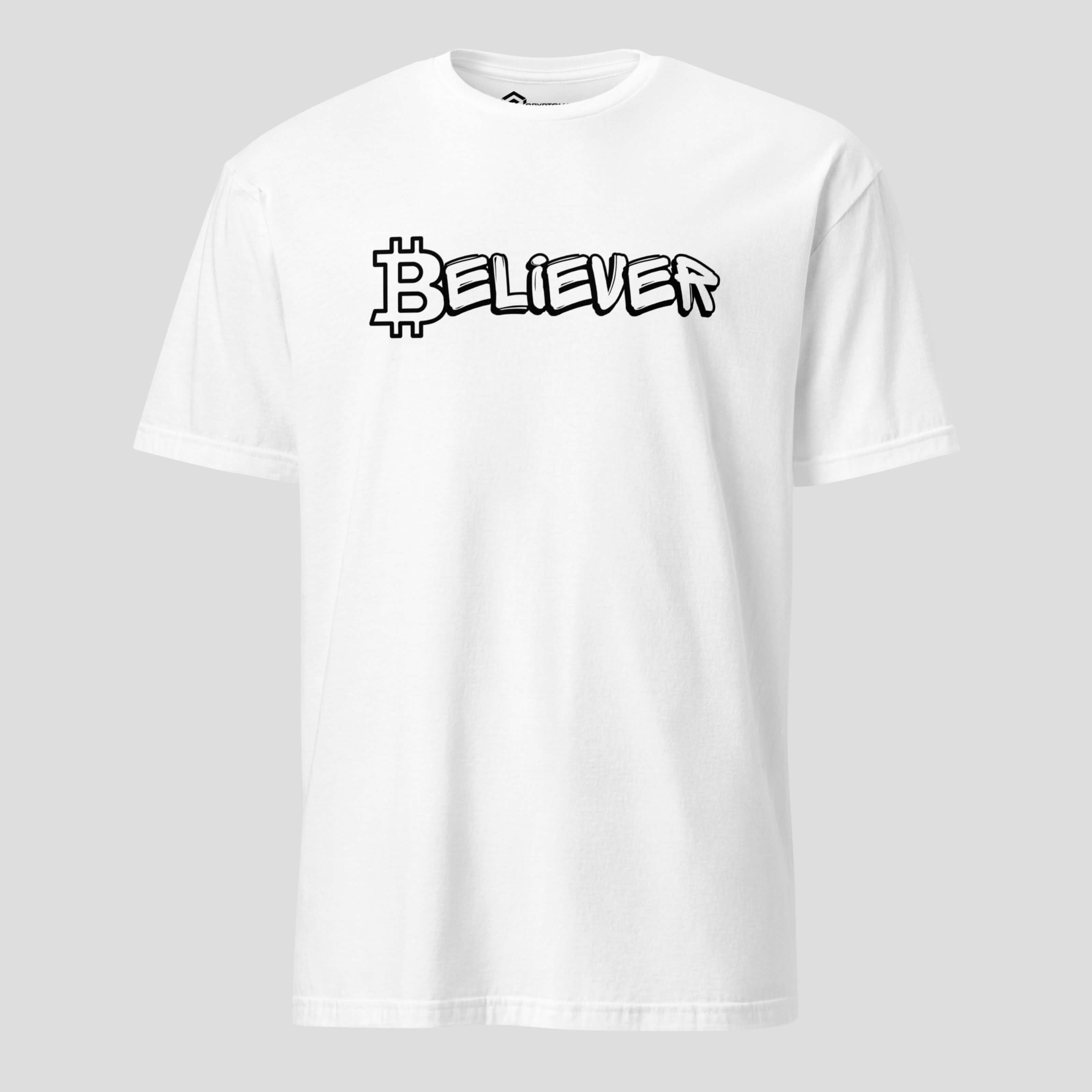 White bitcoin believer shirt minimal crypto design for traders and bitcoin investors
