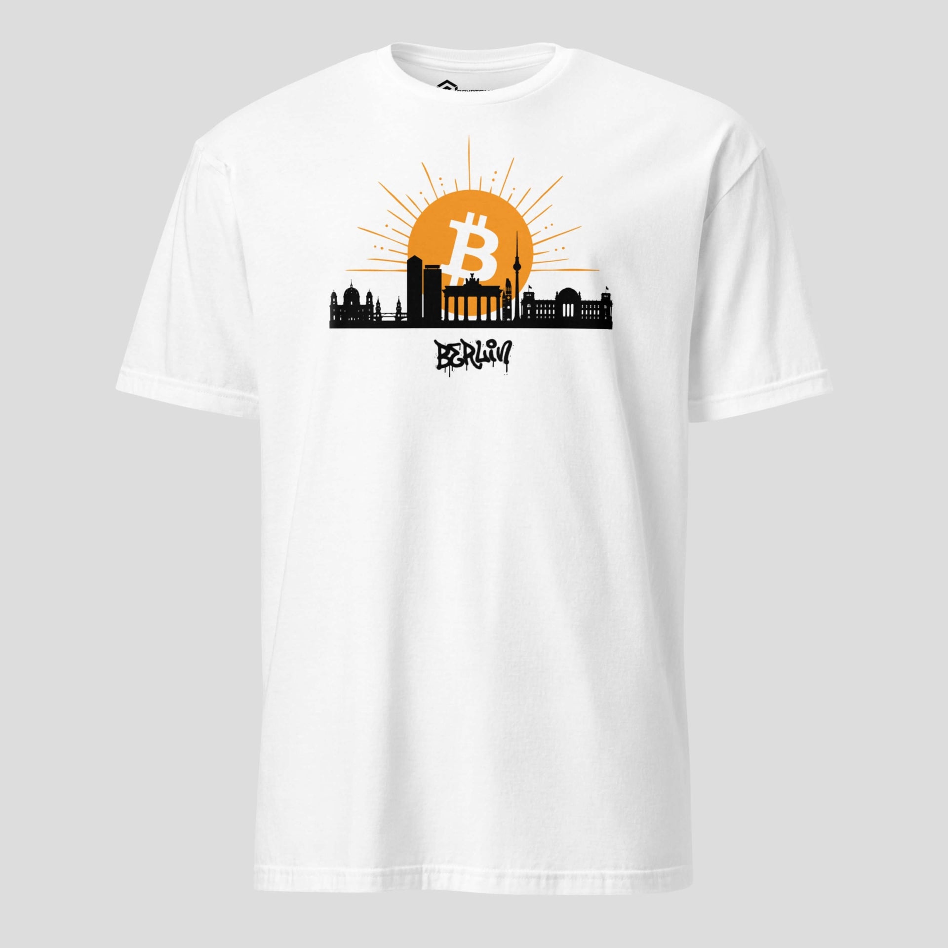 White Bitcoin Berlin sunrise t-shirt with Berlin skyline inspired crypto design