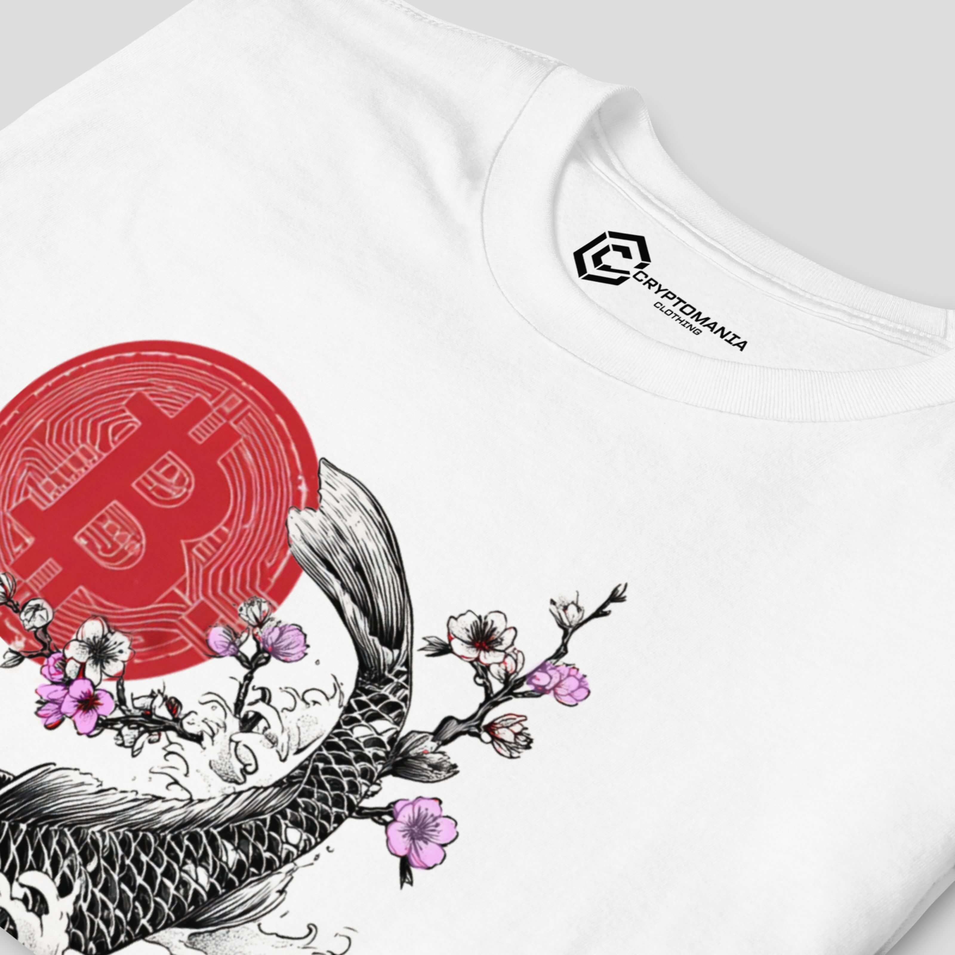 Detailed view of of koi fish graphic with red Bitcoin inspired coin on premium crypto t-shirt