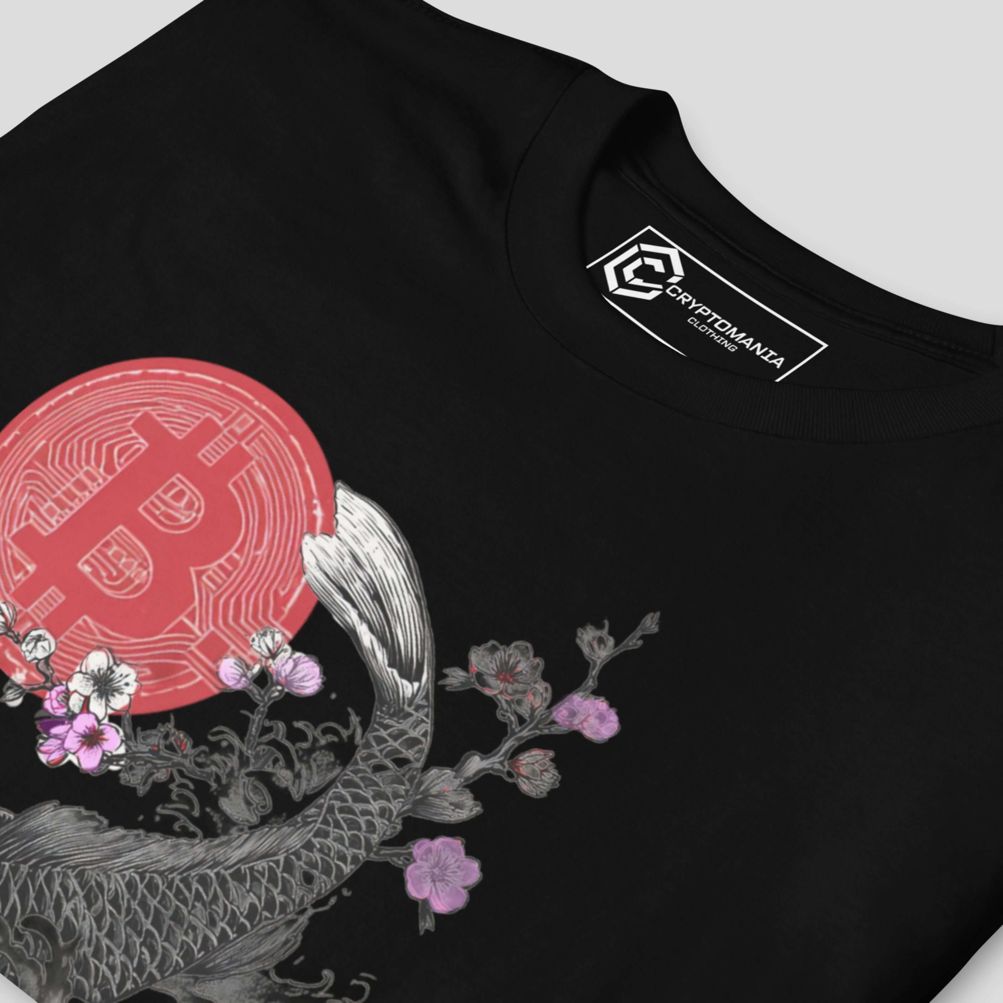 Close-up of koi fish illustration with red Bitcoin inspired coin on premium crypto t-shirt