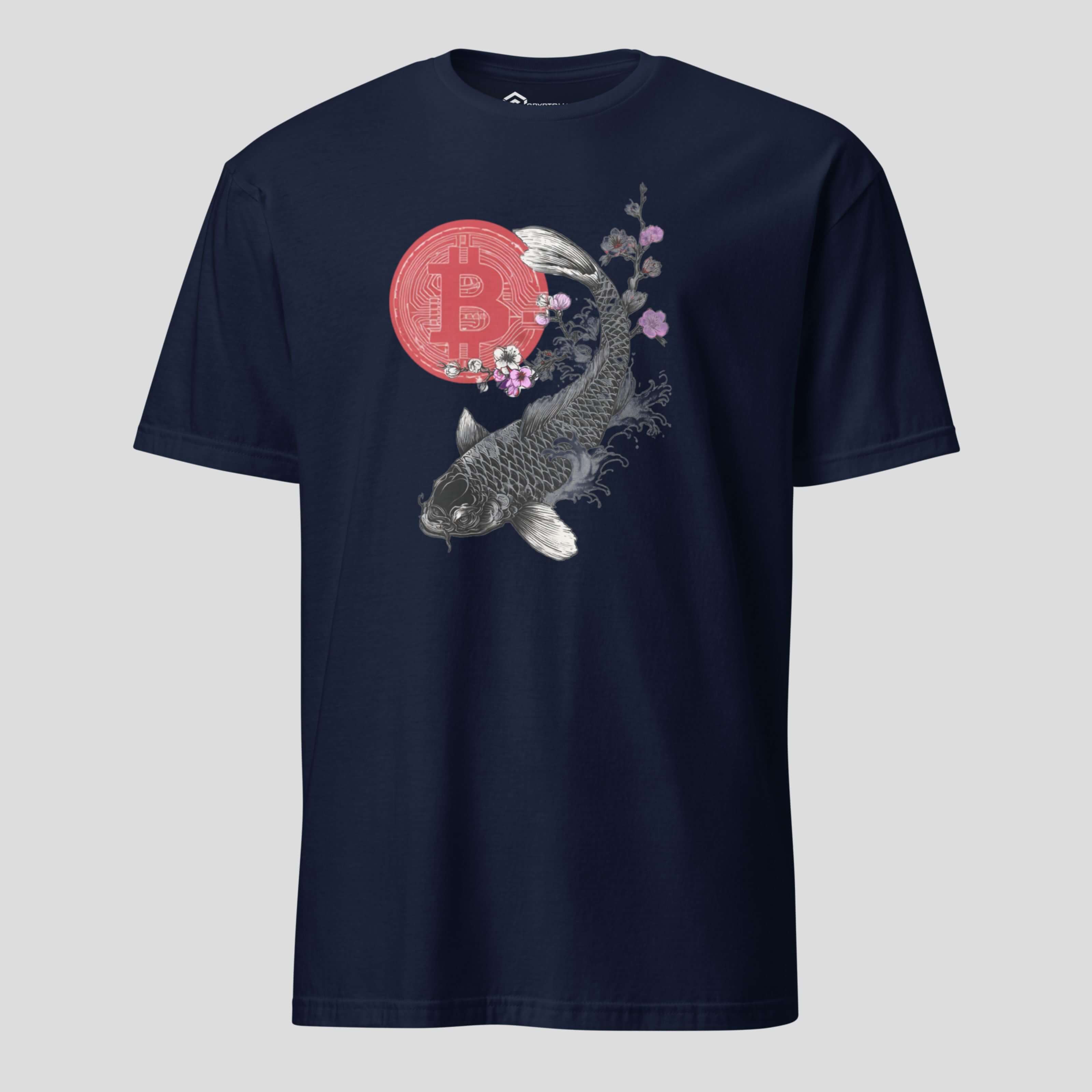 Navy bitcoin koi inspired t-shirt featuring Japanese koi fish artwork and stylized BTC symbol