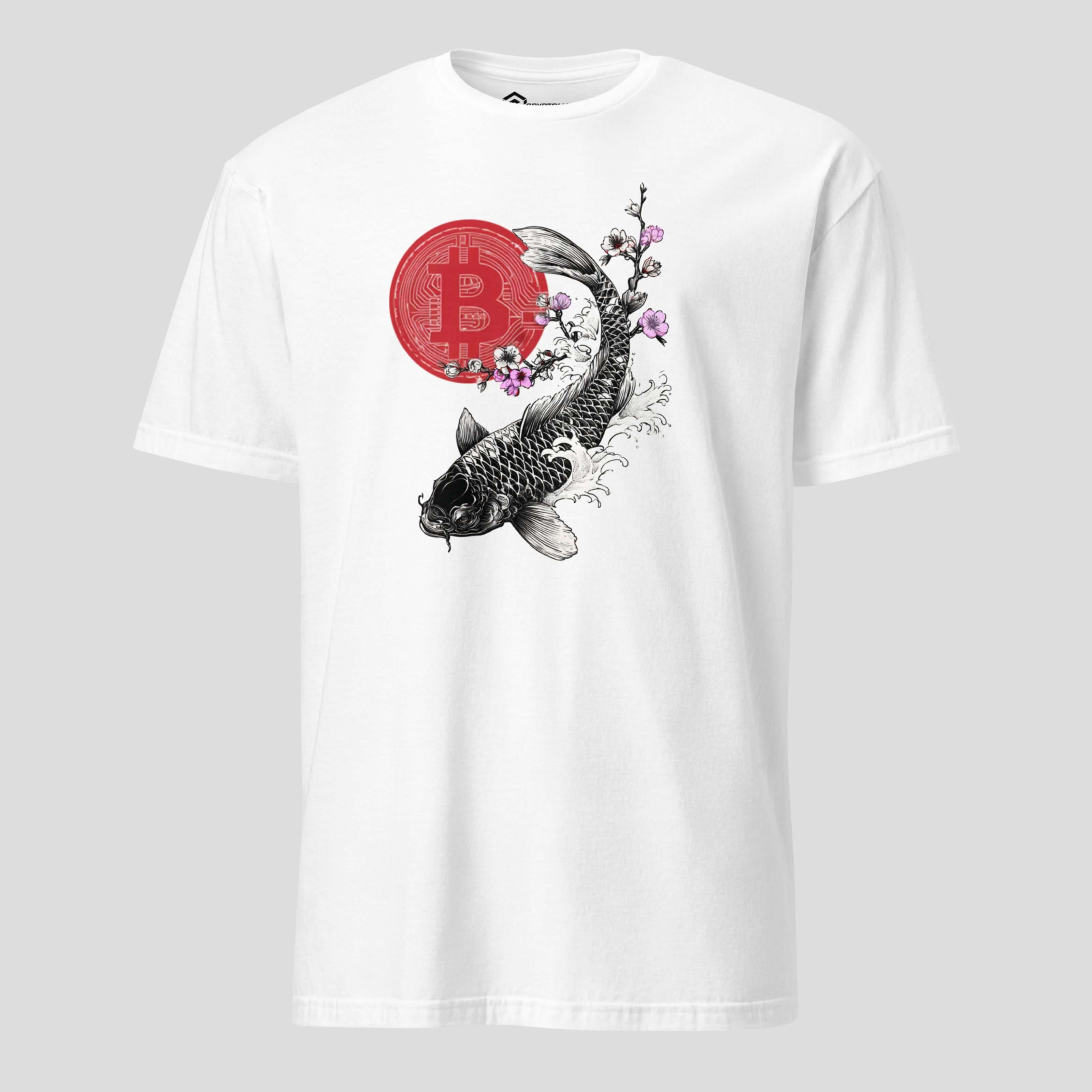 White Bitcoin koi inspired t-shirt featuring Japanese koi fish artwork and stylized BTC symbol