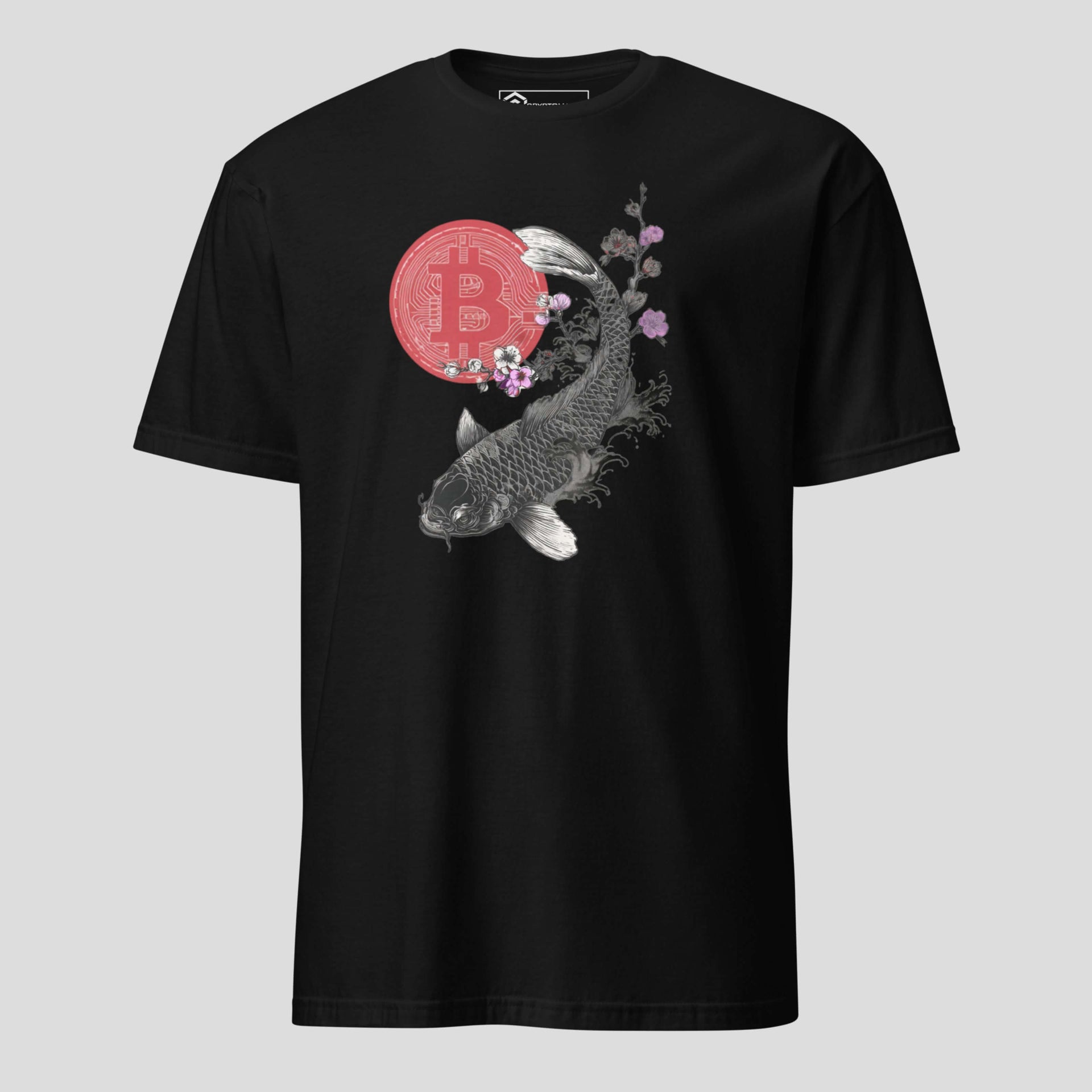 Black Bitcoin koi inspired t-shirt featuring Japanese koi fish artwork and stylized BTC symbol