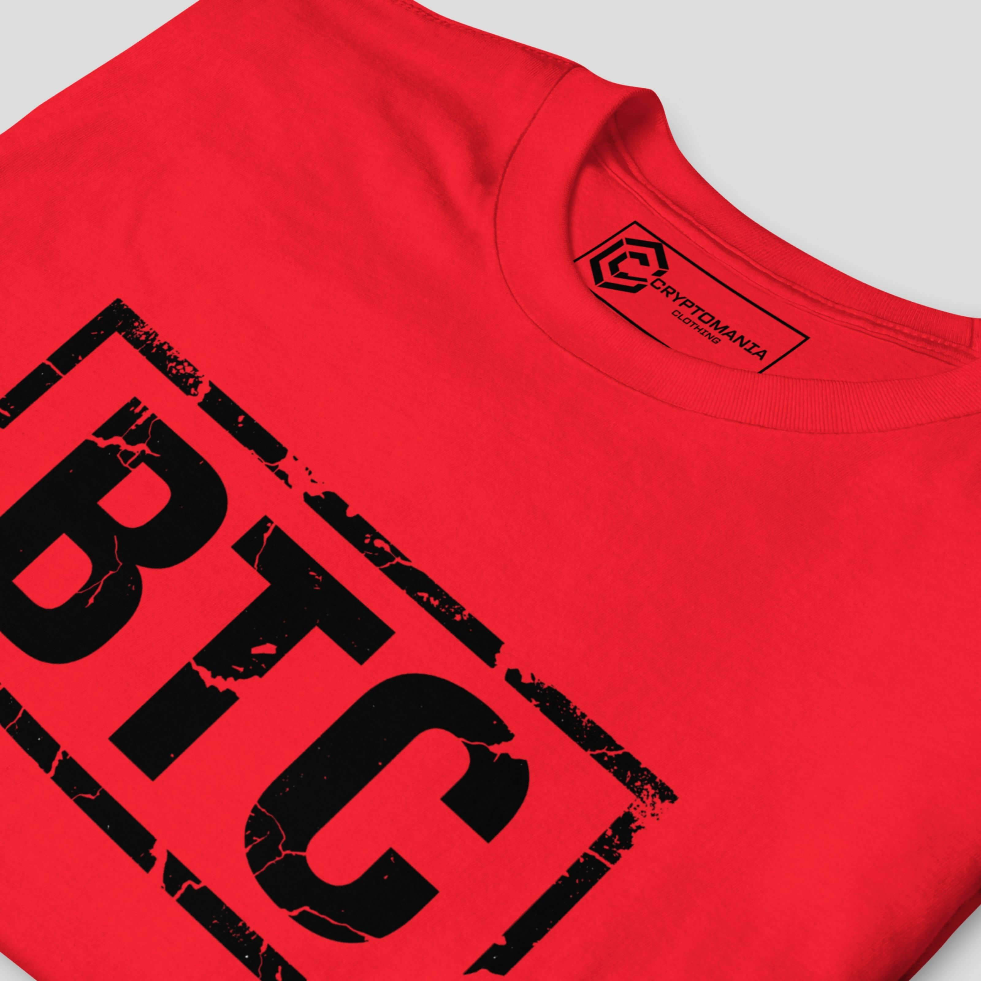 Bitcoin BTC logo close-up on premium cotton t-shirt, minimal crypto fashion