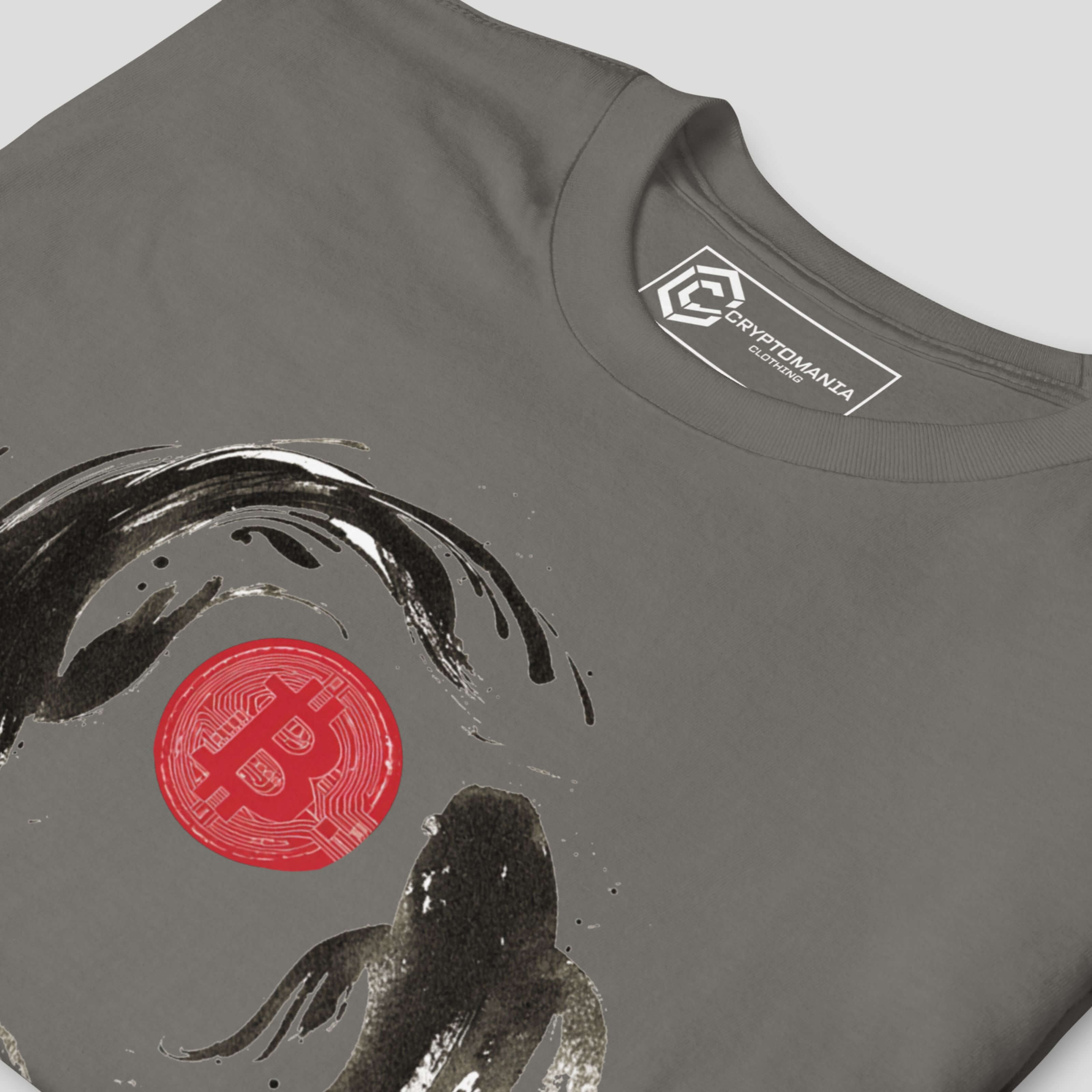 Close-up of bitcoin inspired Japanese koi artwork on grey crypto t-shirt
